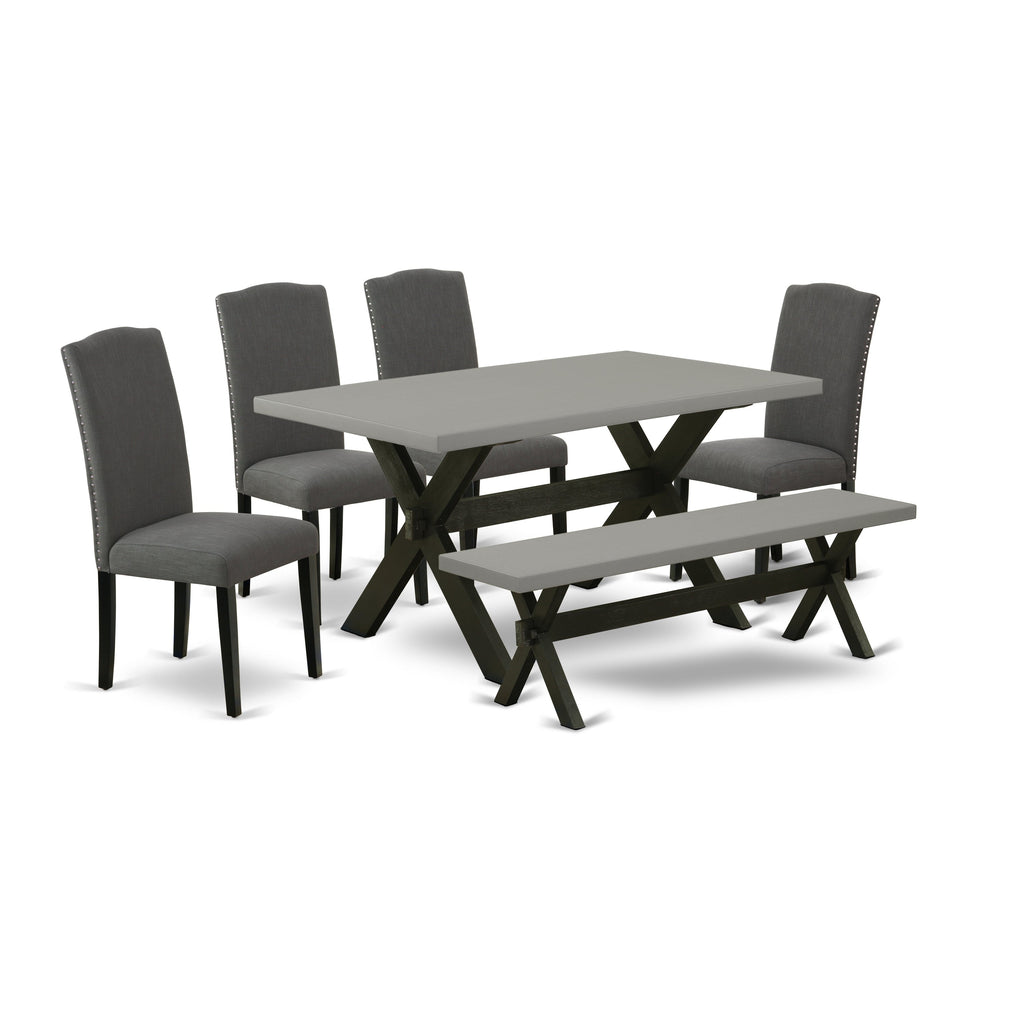 Juego de mesa de comedor de 6 piezas East West Furniture X696EN120-6. Contiene una mesa de cocina rectangular con patas en forma de X y 4 sillas Parson de tela de lino Gotham oscuro con un banco.
