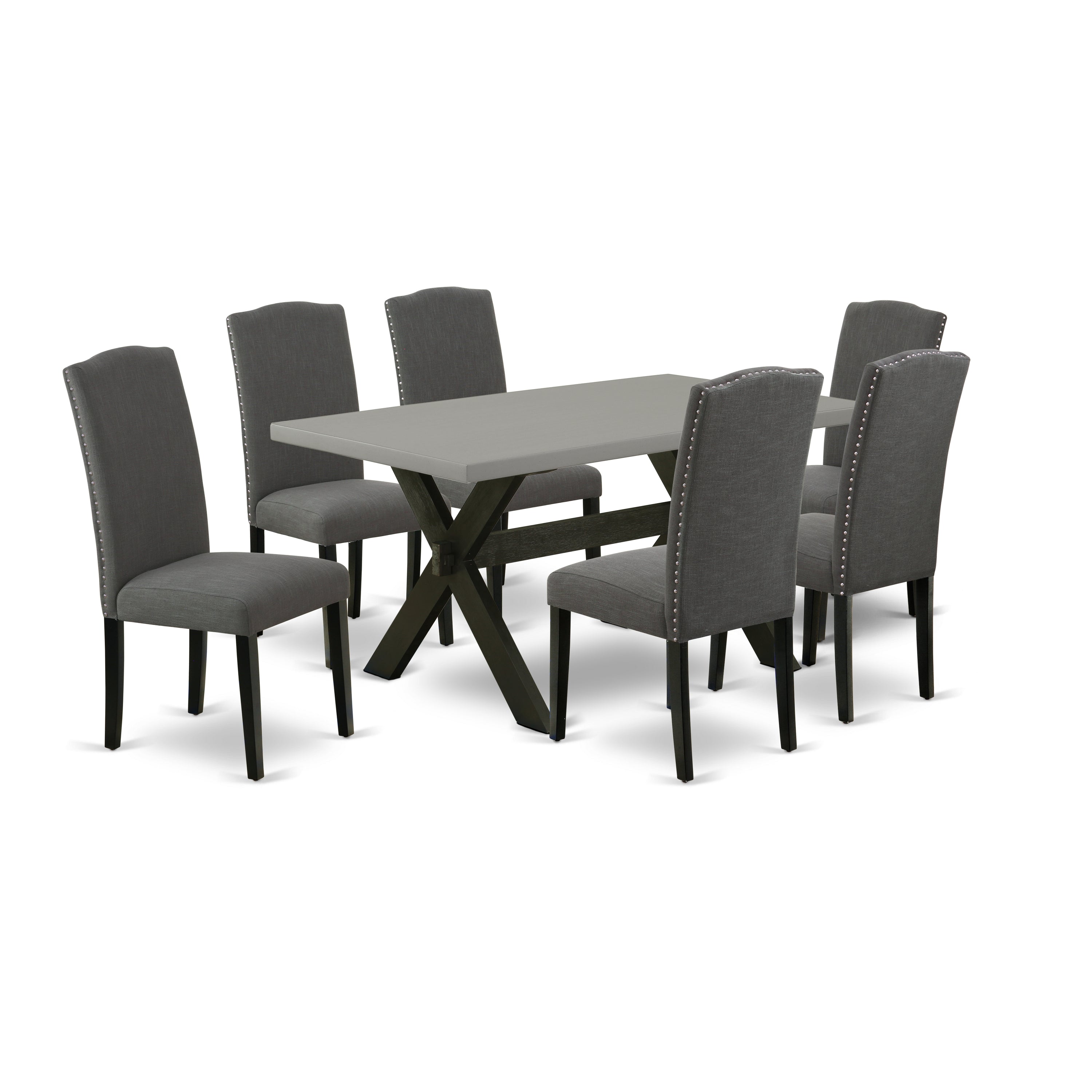 Juego de mesa de comedor de 7 piezas East West Furniture X696EN120-7 compuesto por una mesa de cocina rectangular con patas en forma de X y 6 sillas de comedor Parson de tela de lino Gotham oscuro.