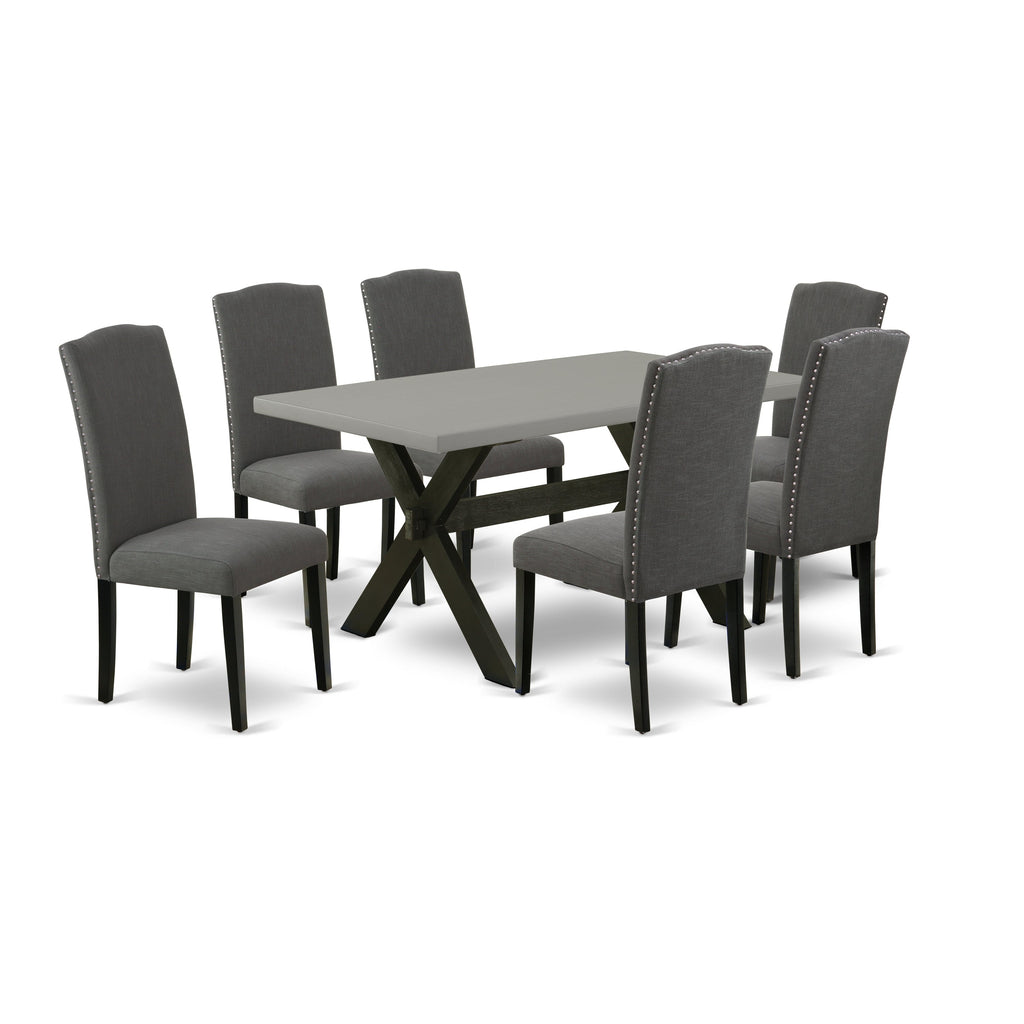 Juego de mesa de comedor de 7 piezas East West Furniture X696EN120-7 compuesto por una mesa de cocina rectangular con patas en forma de X y 6 sillas de comedor Parson de tela de lino Gotham oscuro.
