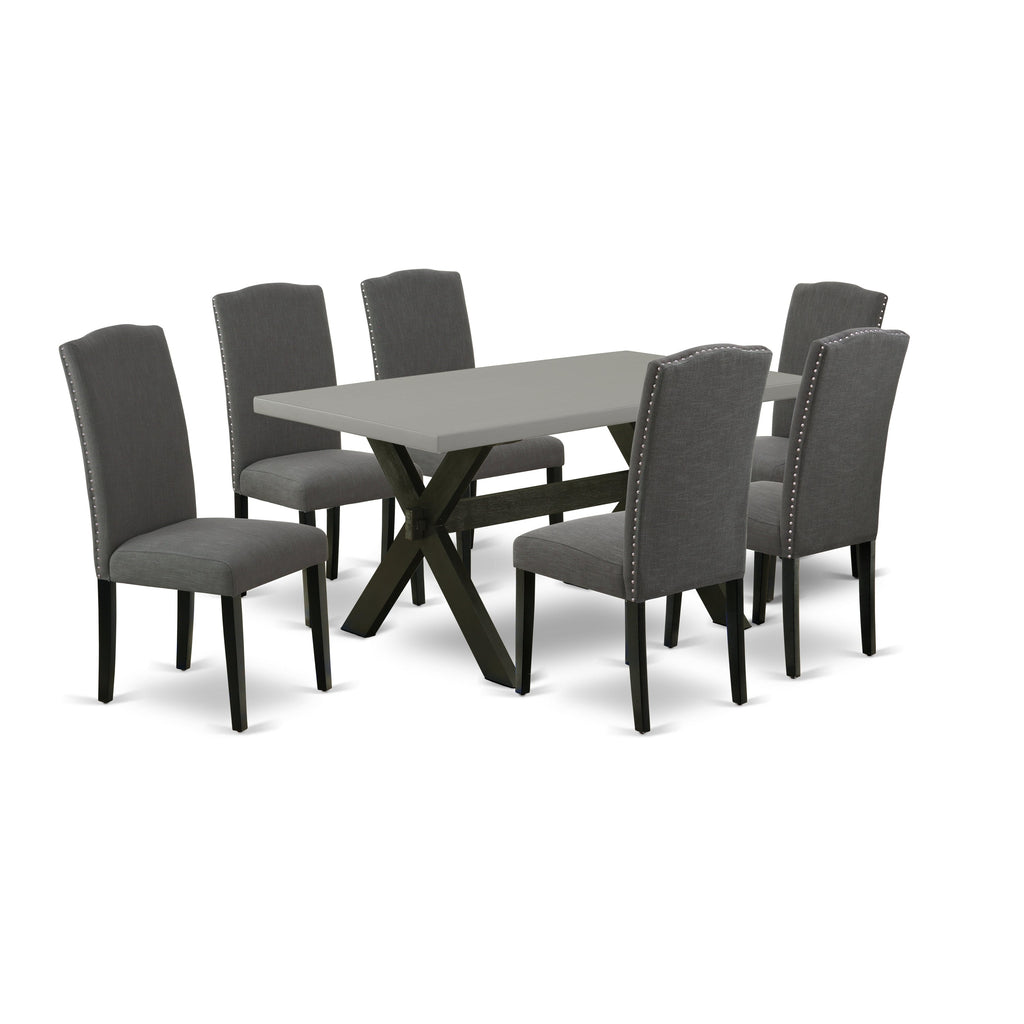 East West Furniture X696EN120-7 7 Piece Dining Room Table Set Consist of a Rectangle Kitchen Table with X-Legs and 6 Dark Gotham Linen Fabric Parson Dining Chairs, 36x60 Inch, Multi-Color