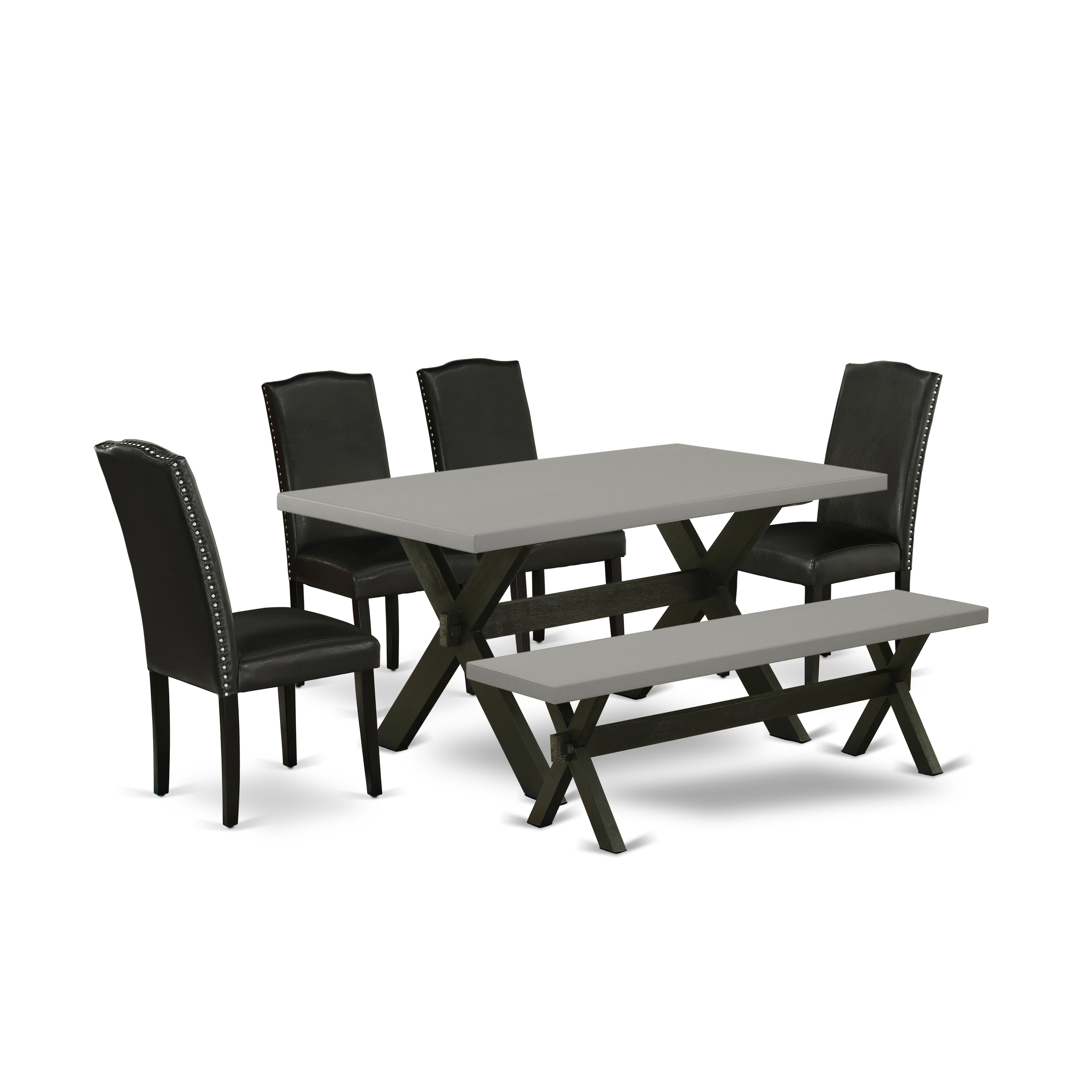 East West Furniture X696EN169-6 6 Pc Dining Room Table Set Includes a Cement Wooden Dining Table and a Modern Bench, 4 Black PU faux Leather Parson Chairs with High Back - Wire Brushed Black Finish