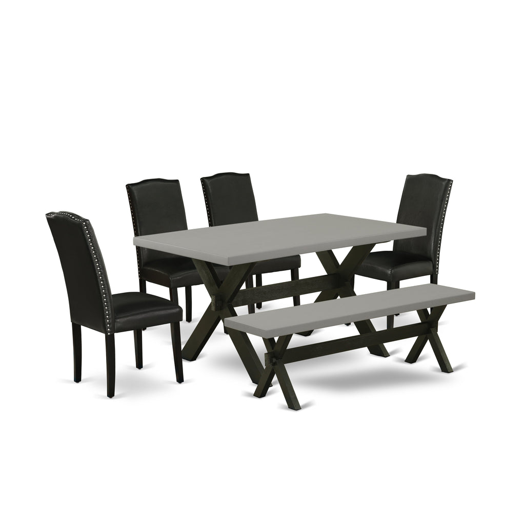 X696EN169-6 6Pc Dining Room Set - 36x60" Rectangular Table, 4 Parson Chairs and a Bench - Wirebrushed Black & Cement Color