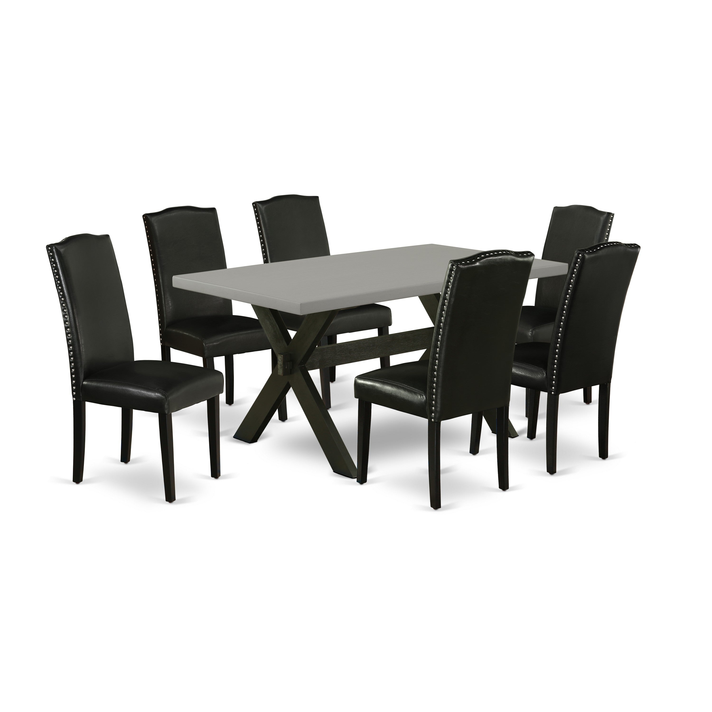 Juego de comedor de 7 piezas East West Furniture X696EN169-7 compuesto por una mesa de comedor rectangular con patas en forma de X y 6 sillas Parson tapizadas en piel sintética negra.