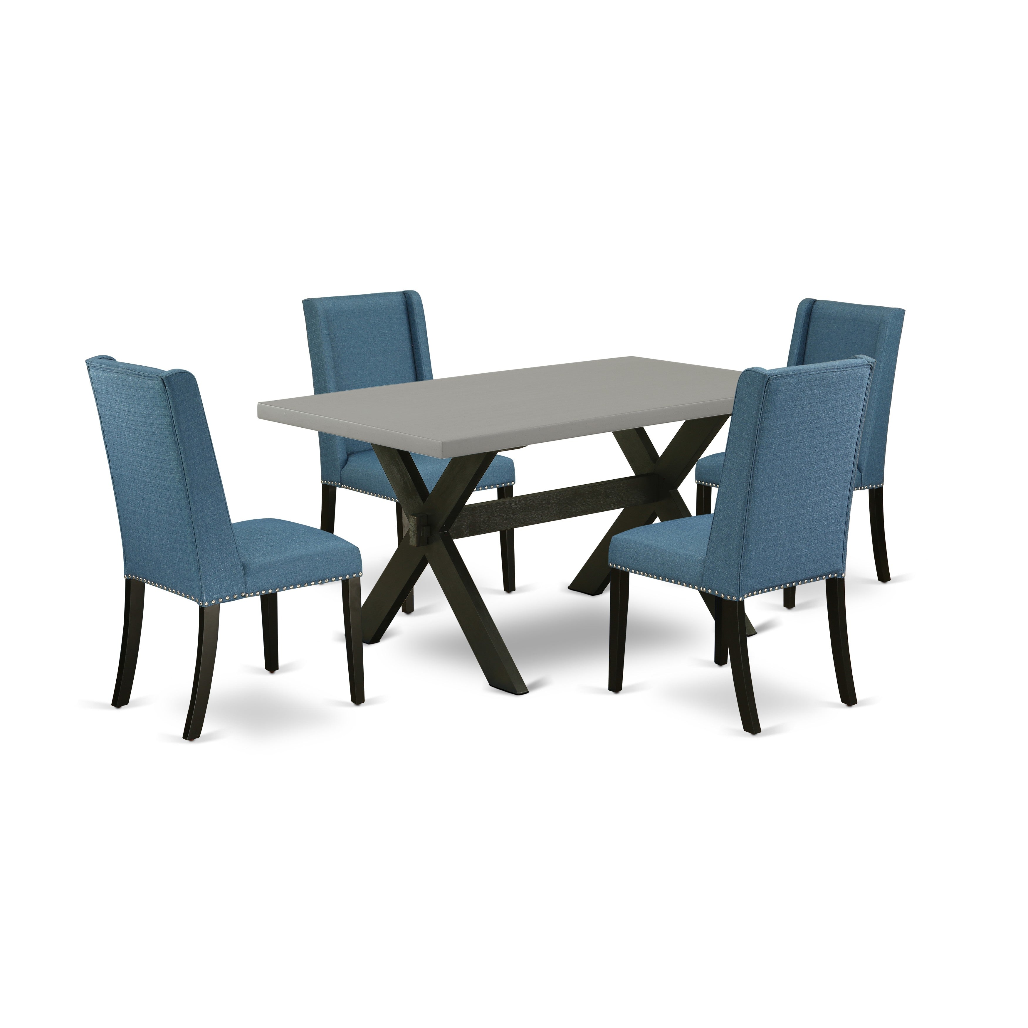 East West Furniture X696FL121-5 5-Pc Dining SetIncluded 4 Dining chairs Upholstered Nails Head Seat and Stylish Chair Back and Rectangular Dining room Table with Cement Color Dining room Table top (Black Finish)