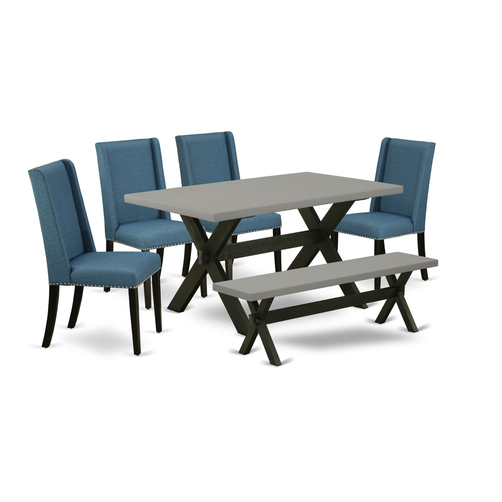 Juego de mesa de comedor de 6 piezas East West Furniture X696FL121-6. Contiene una mesa rectangular de madera con patas en forma de X y 4 sillas tapizadas en tela de lino azul con un banco.