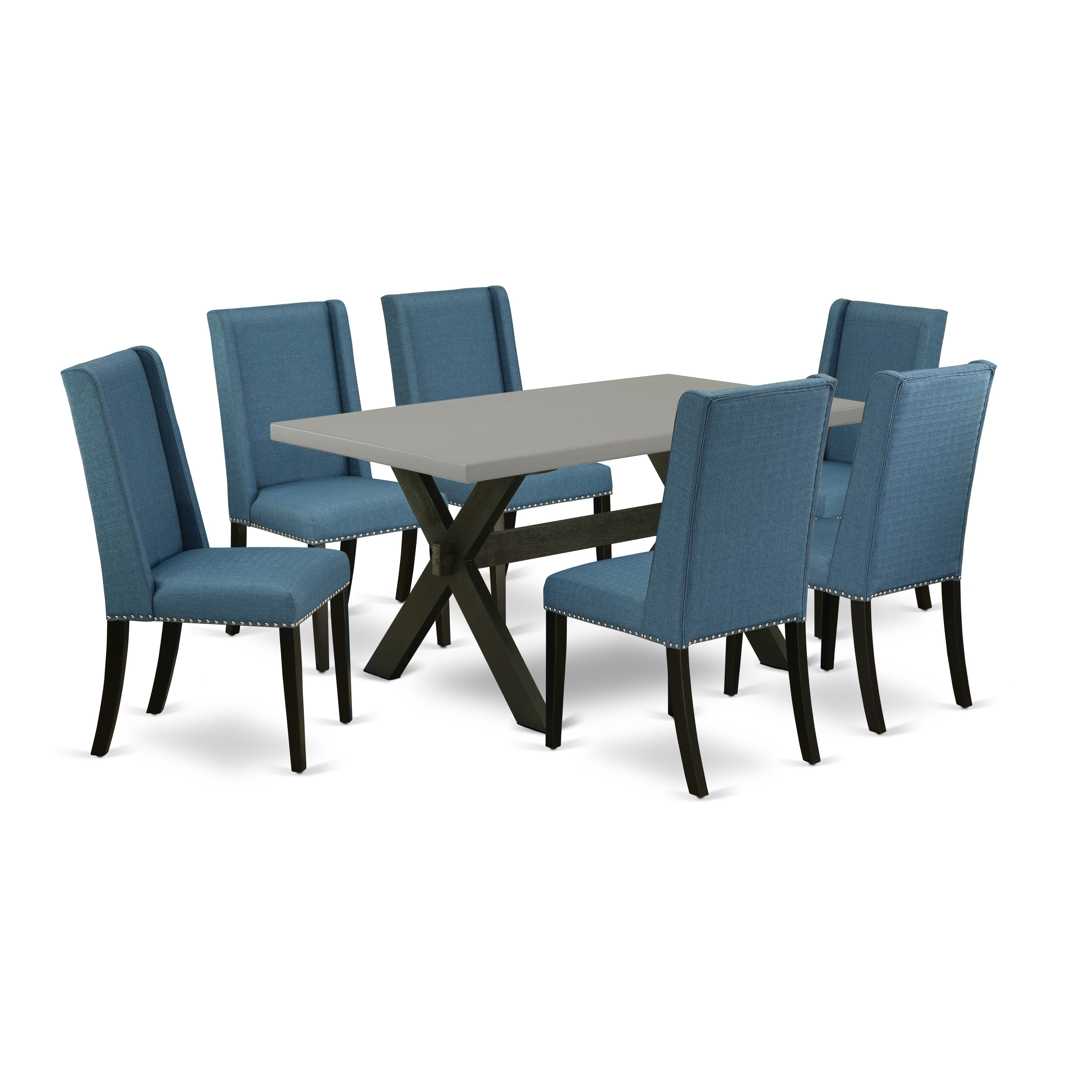 East West Furniture X696FL121-7 7-Piece dining table set a fantastic Cement Color small table top and 6 Wonderful upholstered dining chairs with Nail heads and Stylish Chair Back, Wire Brushed Black Finish