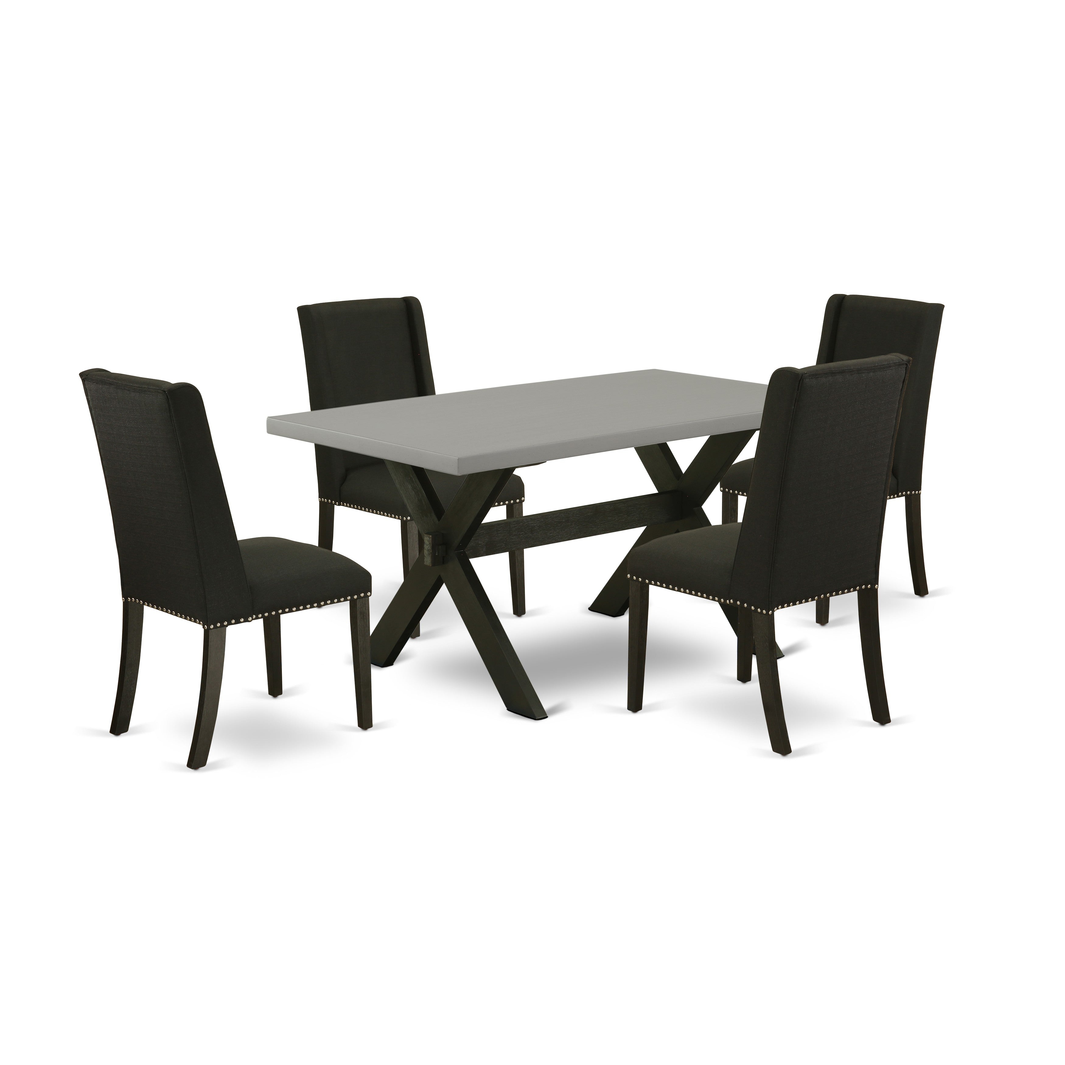 East West Furniture X696FL624-5 5-Pc Dining Table SetIncluded 4 Dining Chair Upholstered Nails Head Seat and Stylish Chair Back and rectangular Dining Table with Cement Color Kitchen Table top (Black Finish)