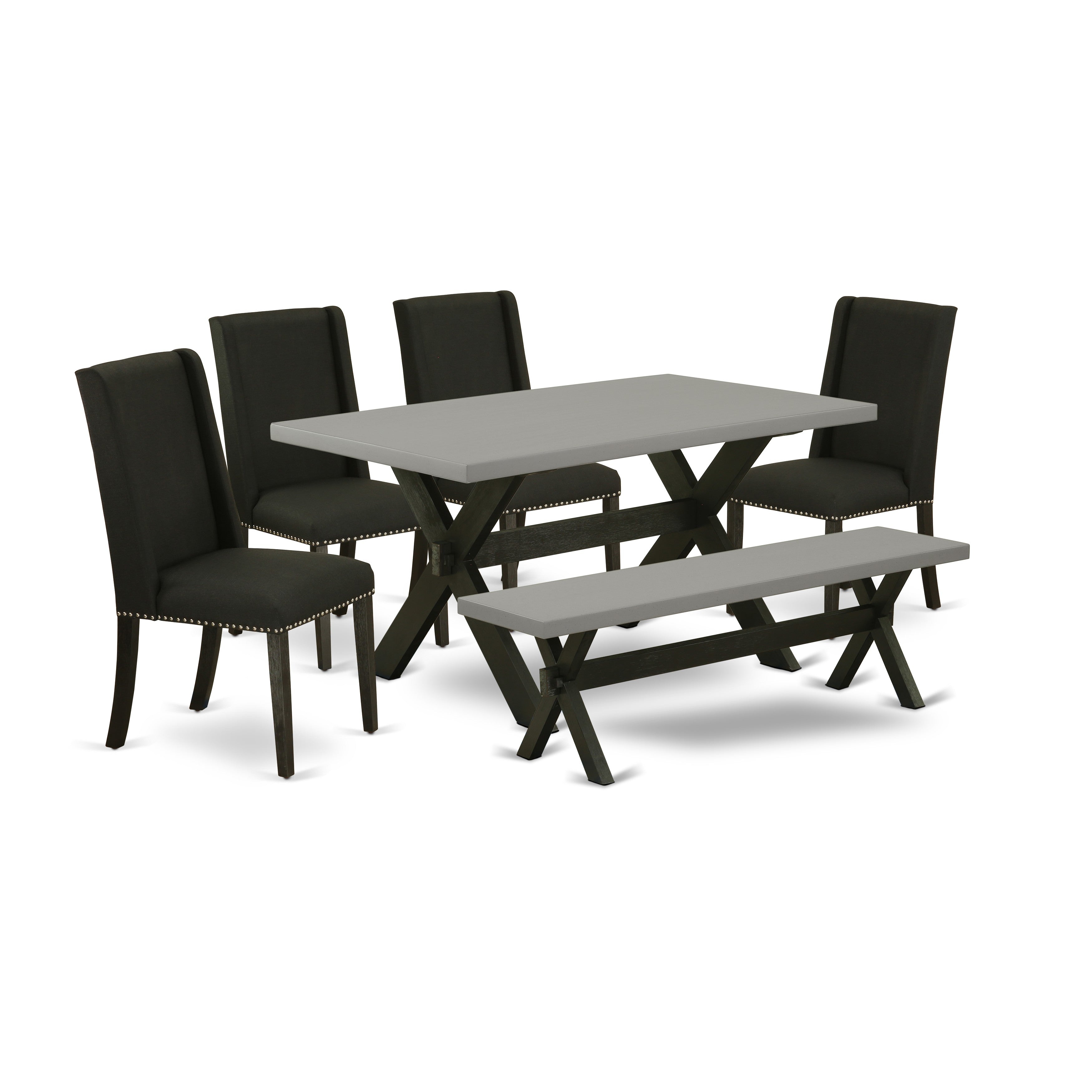 East West Furniture X696FL624-6 6-Pc Dining Table Set-Black Linen Fabric Seat and Button Tufted Chair Back Kitchen chairs, A Rectangular Bench and Rectangular top dining room table with Wooden Legs - Cement and Wire Brushed Black Finish