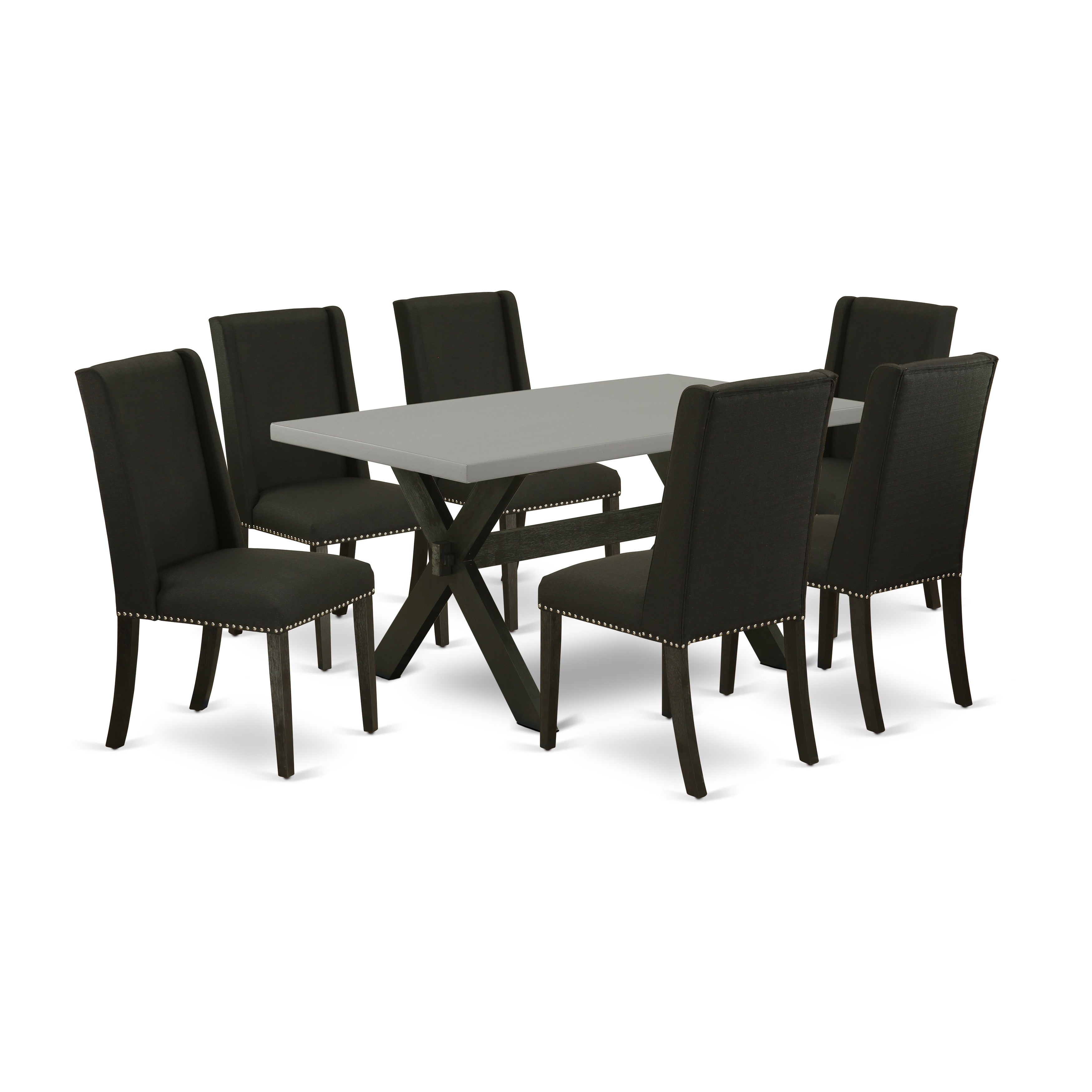 East West Furniture X696FL624-7 7-Piece dining room set a beautiful Cement Color dinette table top and 6 Fantastic parson chairs with Nail heads and High Stylish Chair Back, Wire Brushed Black Finish