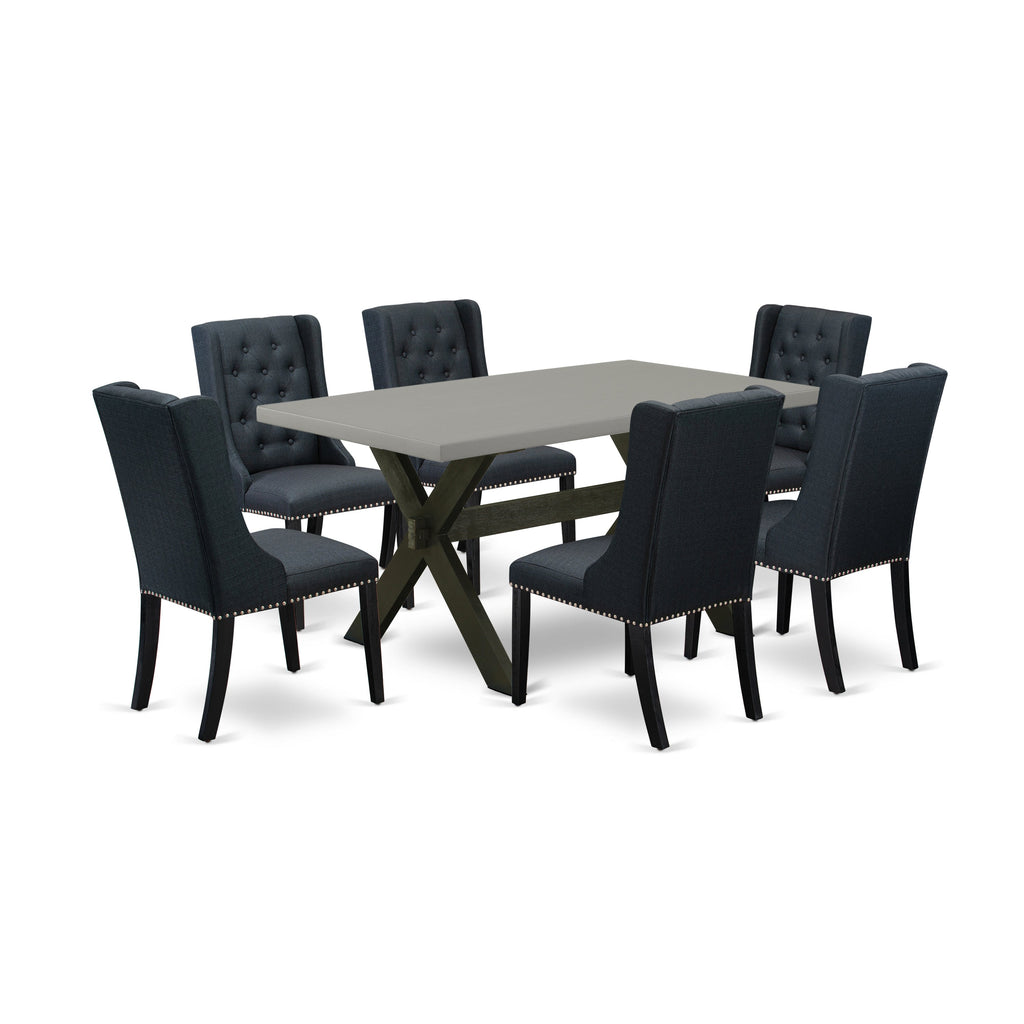 Juego de comedor de 7 piezas East West Furniture X696FO624-7 compuesto por una mesa de comedor rectangular con patas en forma de X y 6 sillas tapizadas en tela de lino negro.