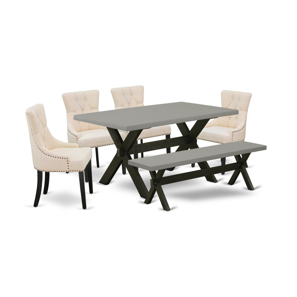 East West Furniture X696FR102-6 6 Piece Dining Set Contains a Rectangle Dining Room Table with X-Legs and 4 Light Beige Linen Fabric Parson Chairs with a Bench, 36x60 Inch, Multi-Color