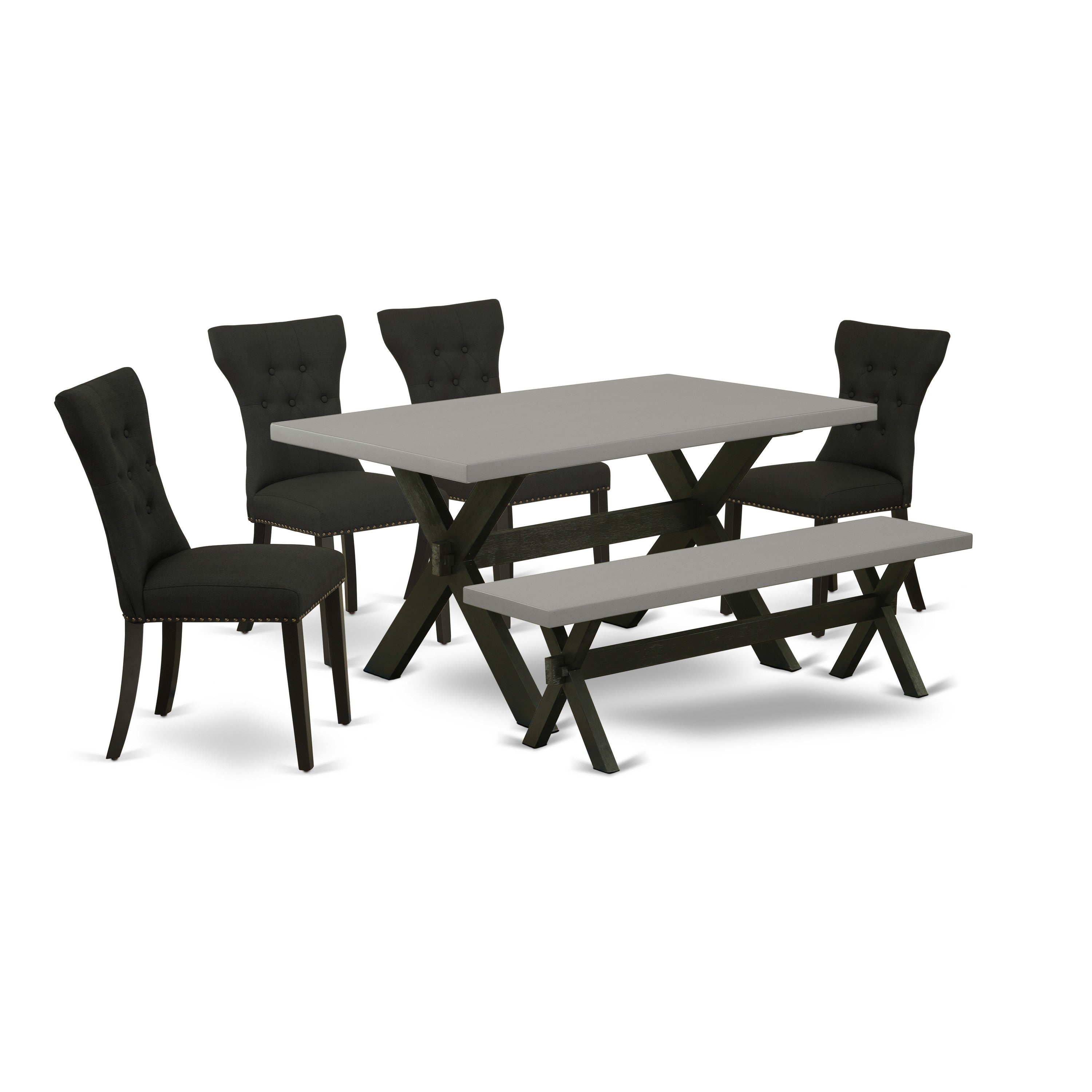 EAST WEST FURNITURE - X696GA124-6 - 6-Pc Dining Table Set - 4 Dining Chairs, a Dining Bench and 1 Dining Table (Wire Brushed Black Finish)