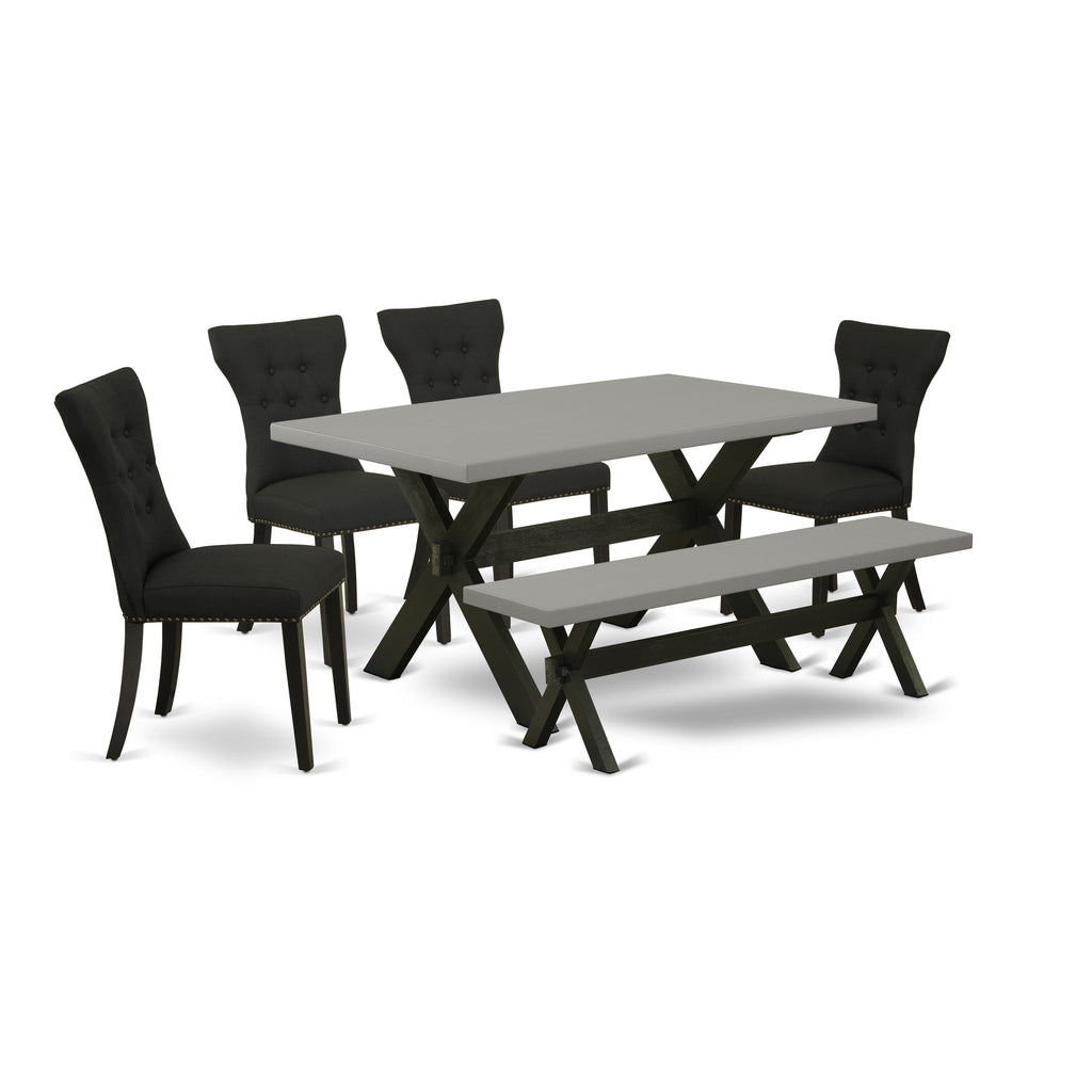 East West Furniture X696GA124-6 6 Piece Modern Dining Table Set Contains a Rectangle Wooden Table with X-Legs and 4 Black Linen Fabric Parson Chairs with a Bench, 36x60 Inch, Multi-Color