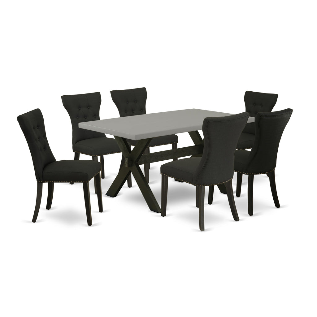 Juego de mesa de cocina de 7 piezas East West Furniture X696GA124-7 compuesto por una mesa de comedor rectangular con patas en forma de X y 6 sillas de comedor Parson de tela de lino negro.