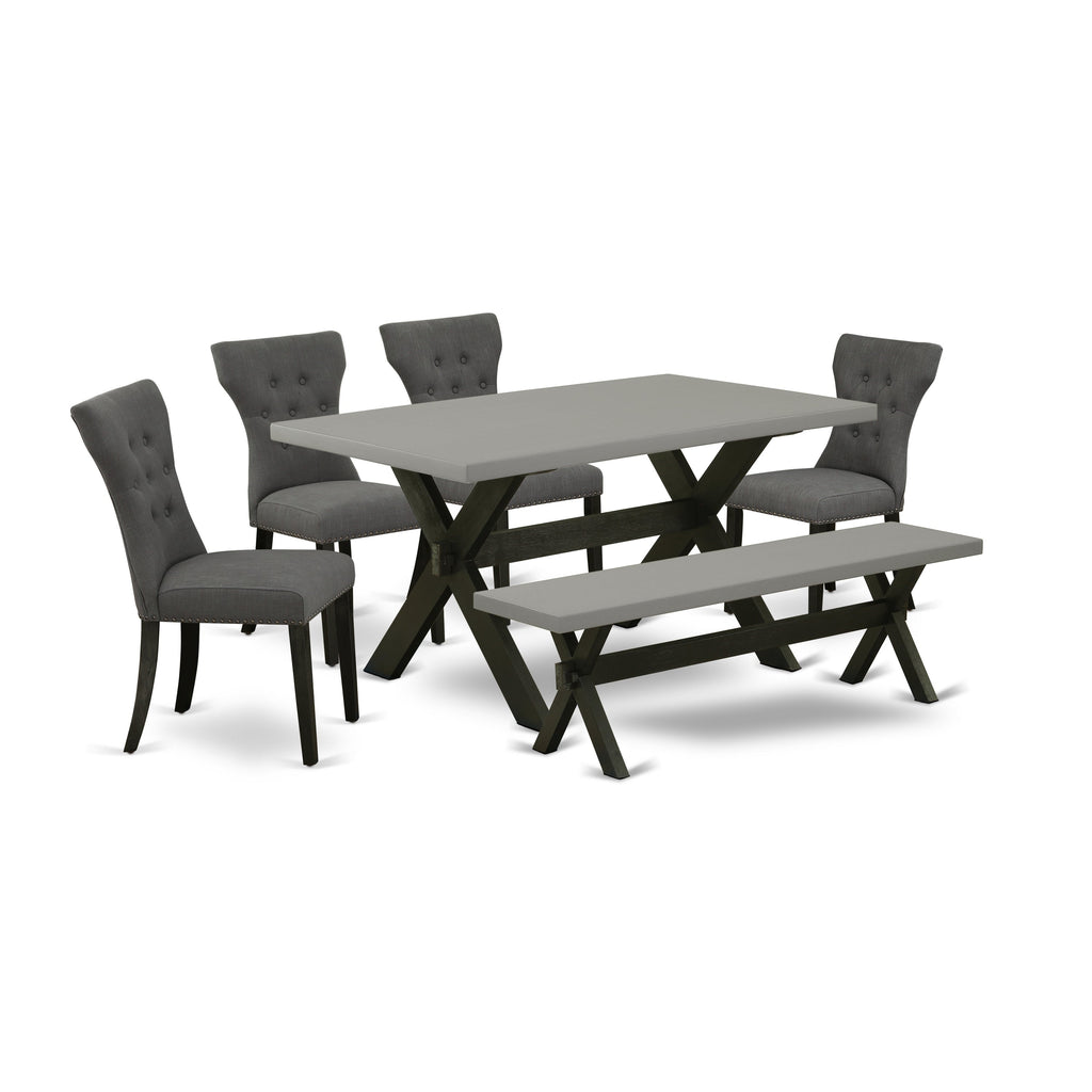 Juego de comedor de 6 piezas East West Furniture X696GA650-6. Contiene una mesa de comedor rectangular con patas en forma de X y 4 sillas Parson de tela de lino Gotham oscuro con un banco.