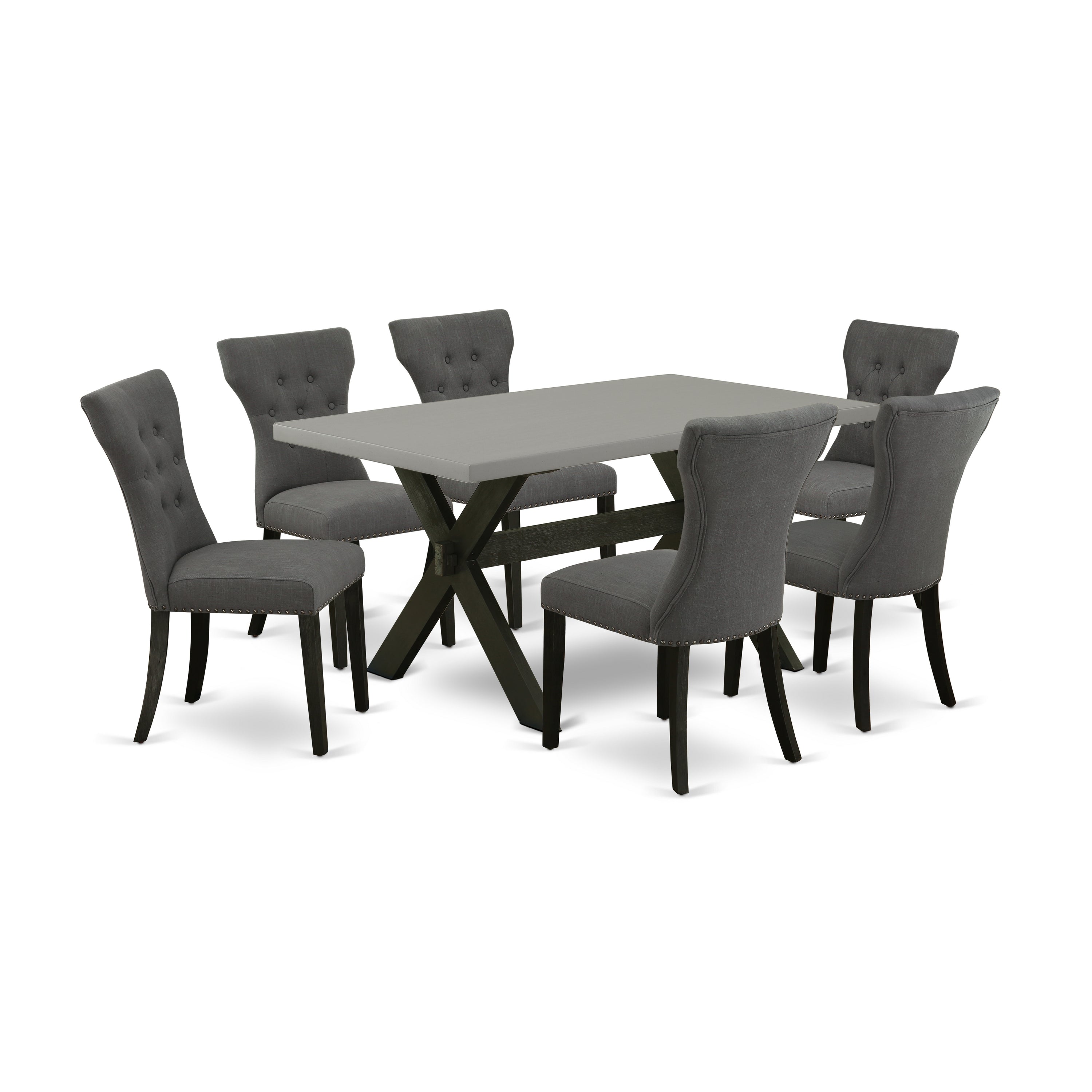 East West Furniture X696GA650-7 7-Piece kitchen table set a wonderful Cement Color dining room Table top and 6 beautiful Parson dining chair with Nail heads and Button Tufted, Wire Brushed Black Finish