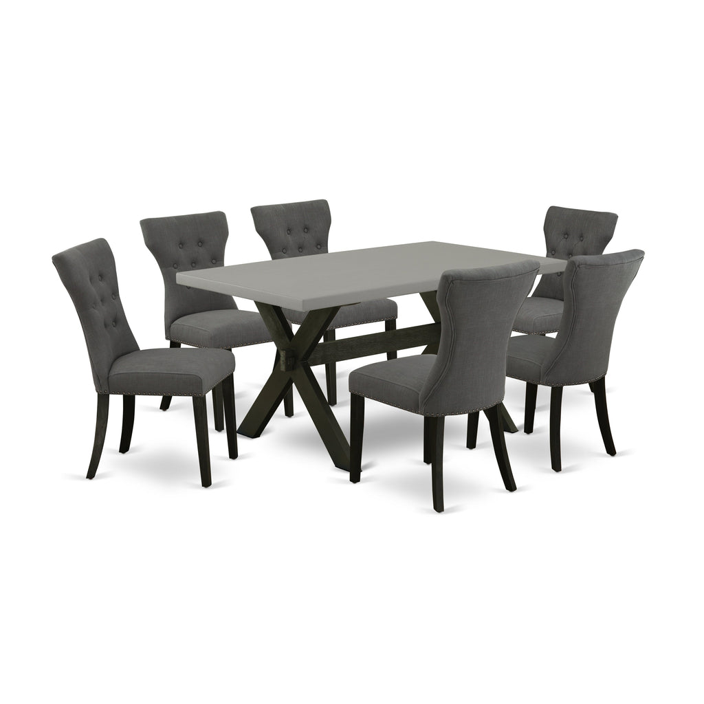 Juego de comedor de 7 piezas East West Furniture X696GA650-7 compuesto por una mesa de comedor rectangular con patas en forma de X y 6 sillas Parson tapizadas en tela de lino Gotham oscuro.