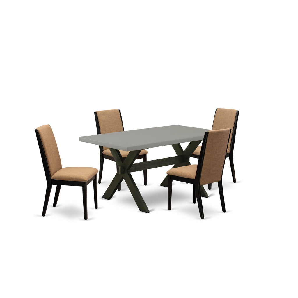 East West Furniture X696LA147-5 5 Piece Dinette Set Includes a Rectangle Dining Room Table with X-Legs and 4 Light Sable Linen Fabric Upholstered Parson Chairs