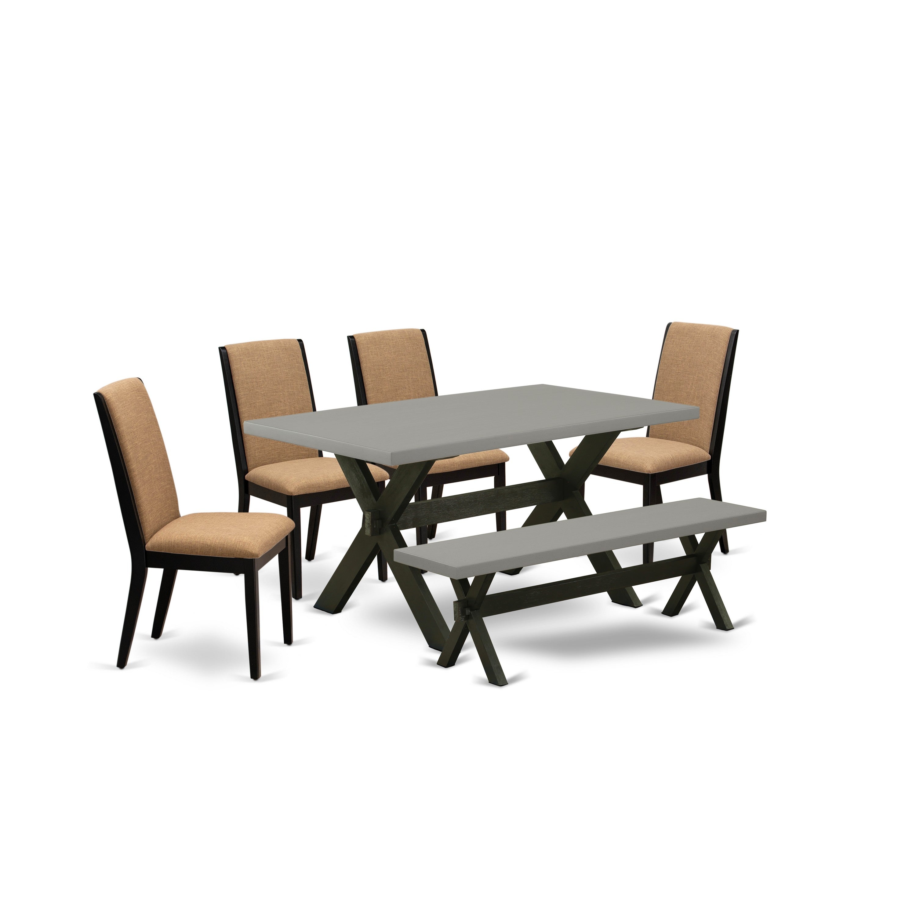 East West Furniture X696LA147-6 6-Piece Dining Table Set with Dining Table and Dining Room Bench - 4 Linen Fabric kitchen chairs (Wire Brushed Black Finish)