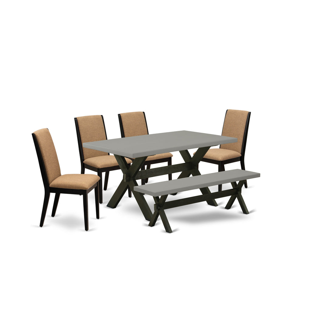 East West Furniture X696LA147-6 6 Piece Dining Table Set Contains a Rectangle Table with X-Legs and 4 Light Sable Linen Fabric Upholstered Chairs with a Bench, 36x60 Inch, Multi-Color