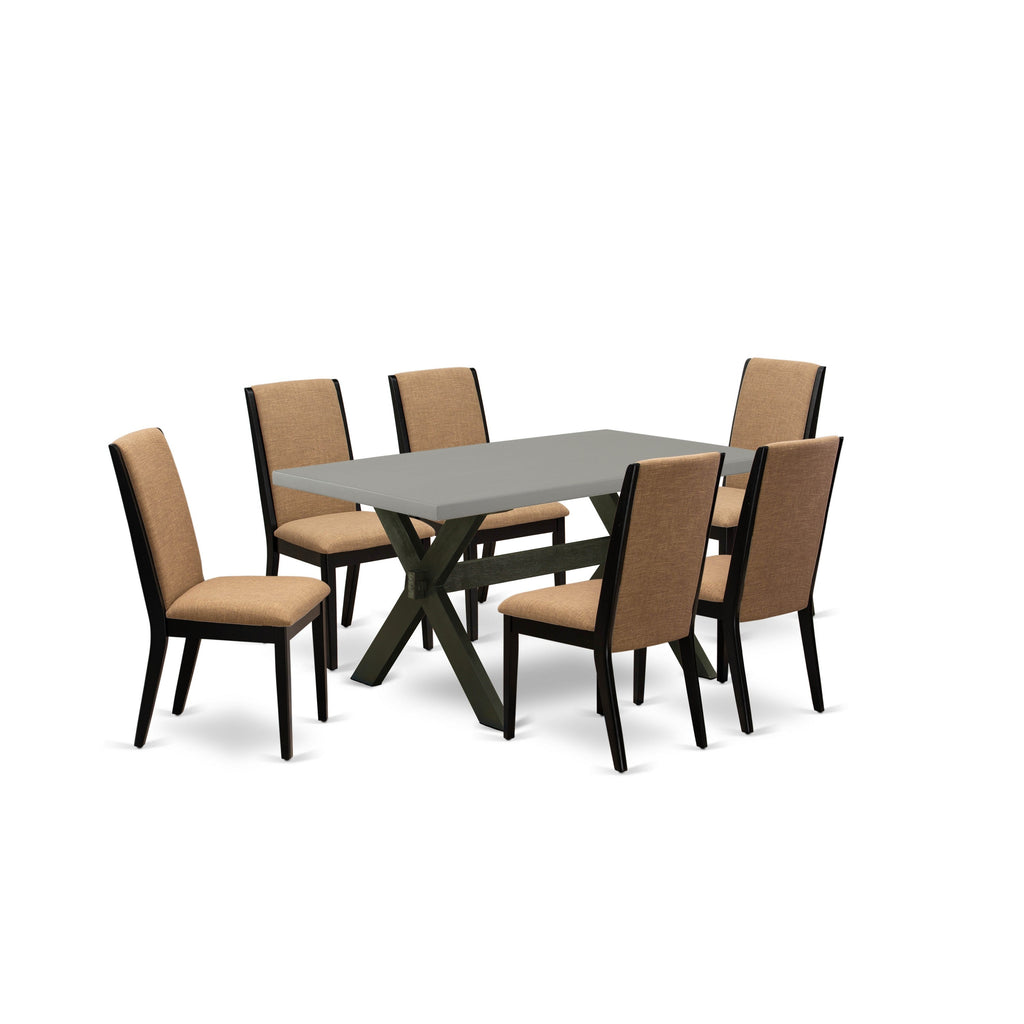 East West Furniture X696LA147-7 7 Piece Dinette Set Consist of a Rectangle Dining Room Table with X-Legs and 6 Light Sable Linen Fabric Upholstered Chairs