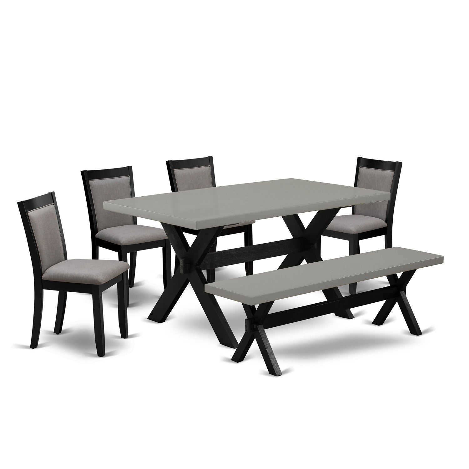 EAST WEST FURNITURE - X696MZ150-6 - 6-Pc Kitchen Table Set - 4 Dining Chairs, a Wood Bench and 1 Kitchen Table (Wire Brushed Black Finish)