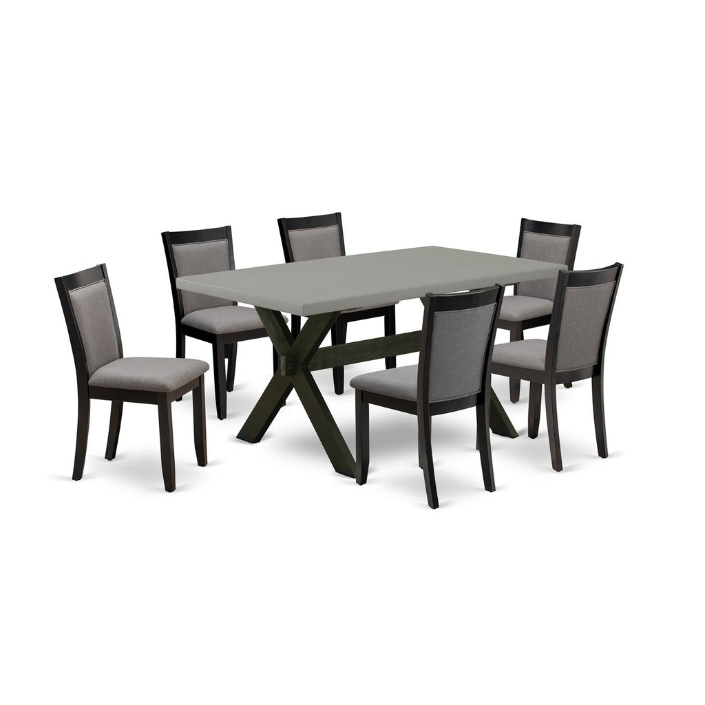 X696MZ150-7 7Pc Dining Room Set - 36x60 Rectangular Table and 6 Parson Dining Chairs - Wirebrushed Black & Cement Color
