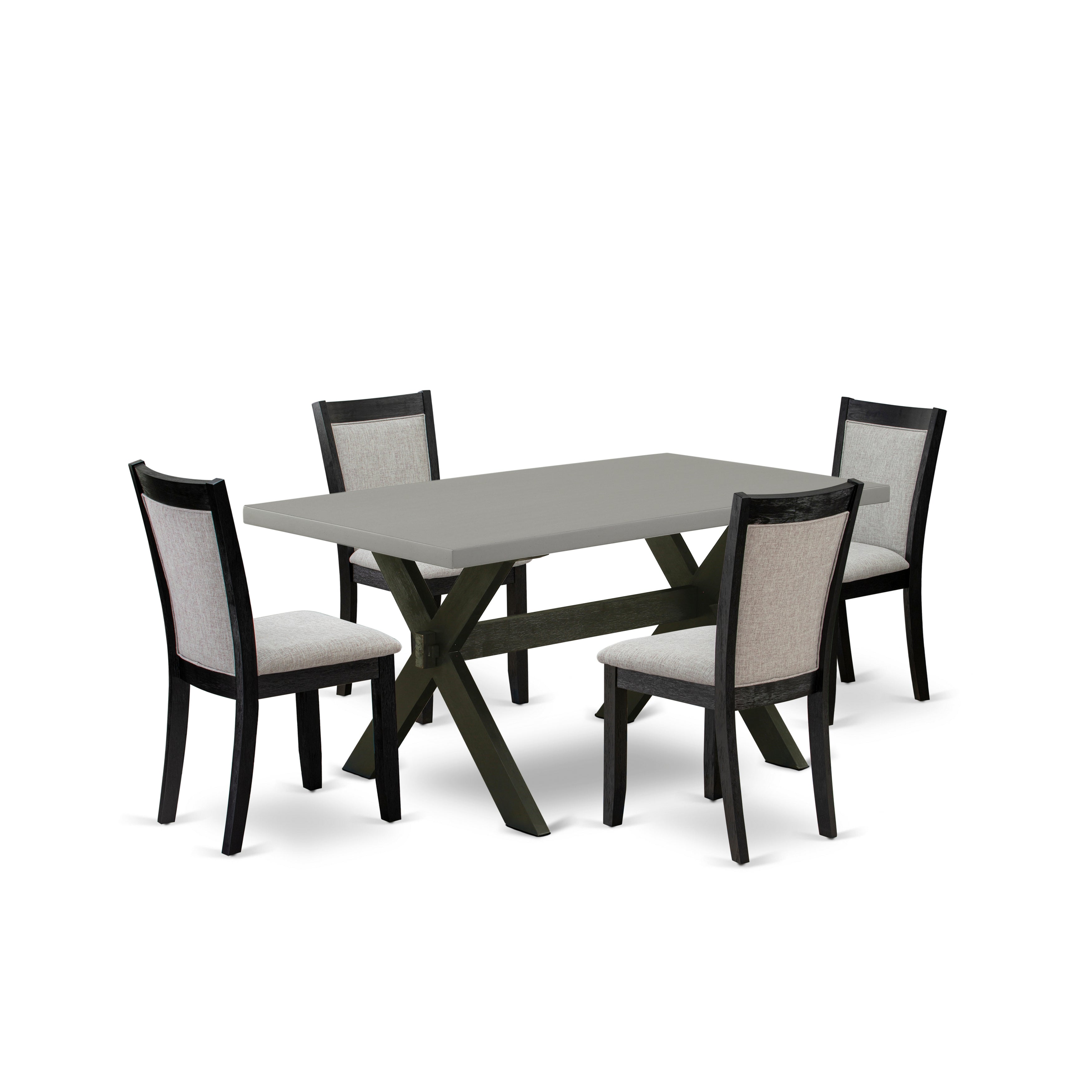 East West Furniture X696MZ606-5 5 Piece Dining Set - Cement Top Mid Century Modern Dining Table with Trestle Base and 4 Shitake Linen Fabric Kitchen Chairs - Wire Brushed Black Finish