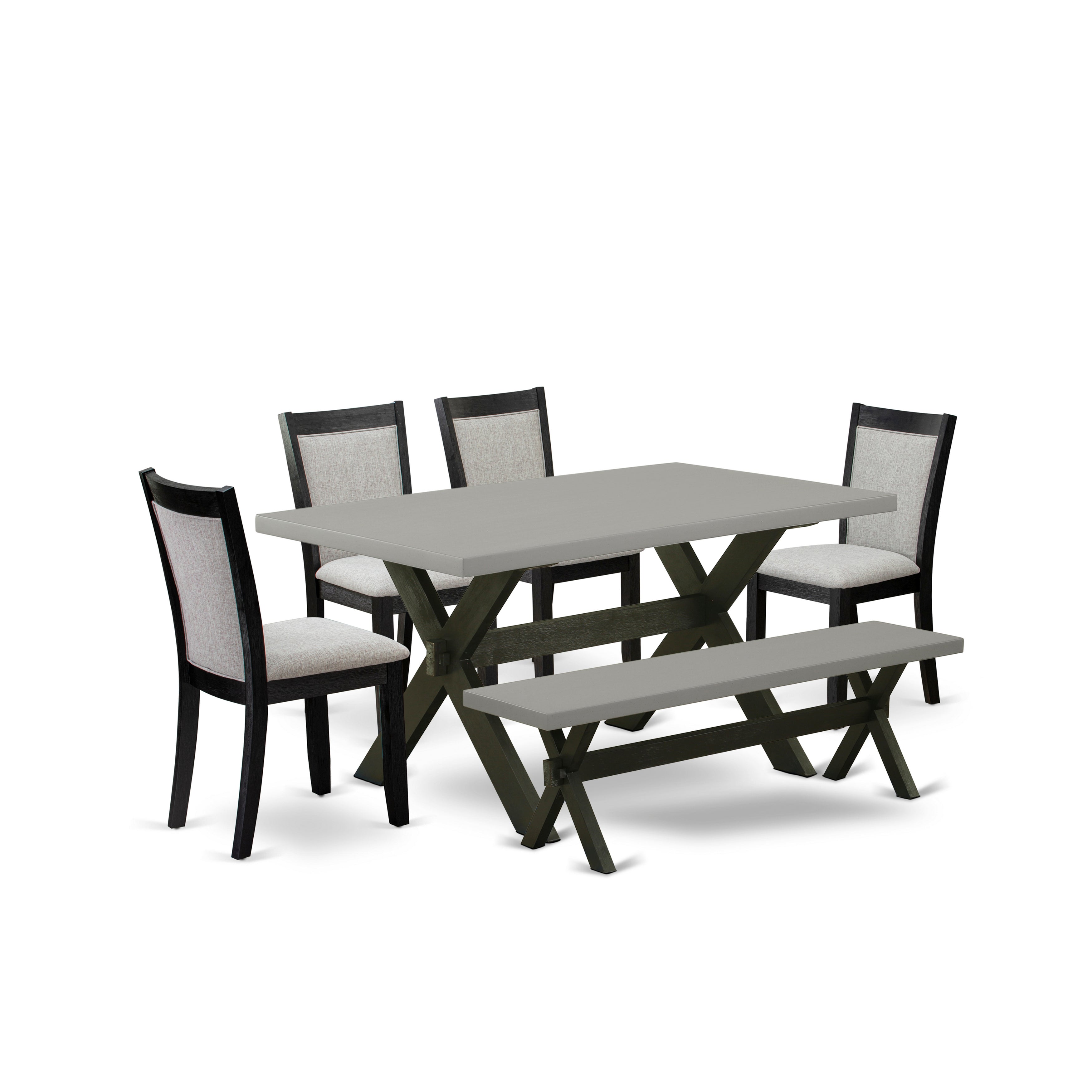 East West Furniture X696MZ606-6 6 Piece Kitchen Table Set - A Cement Top Kitchen Table with Small Wood Bench and 4 Shitake Linen Fabric Upholstered Wooden Dining Chairs - Wire Brushed Black Finish