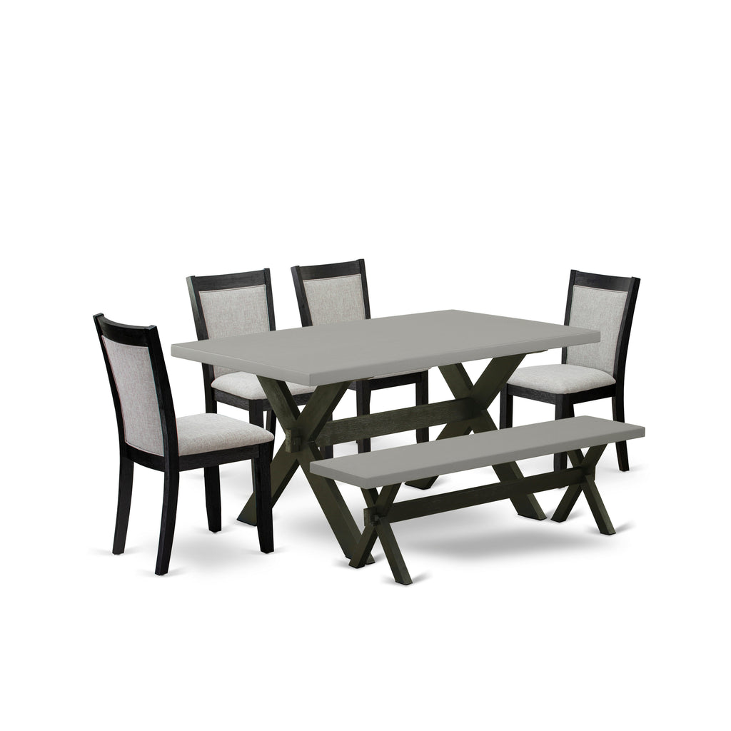 East West Furniture X696MZ606-6 6 Piece Dining Table Set Contains a Rectangle Table with X-Legs and 4 Shitake Linen Fabric Upholstered Chairs with a Bench, 36x60 Inch, Multi-Color