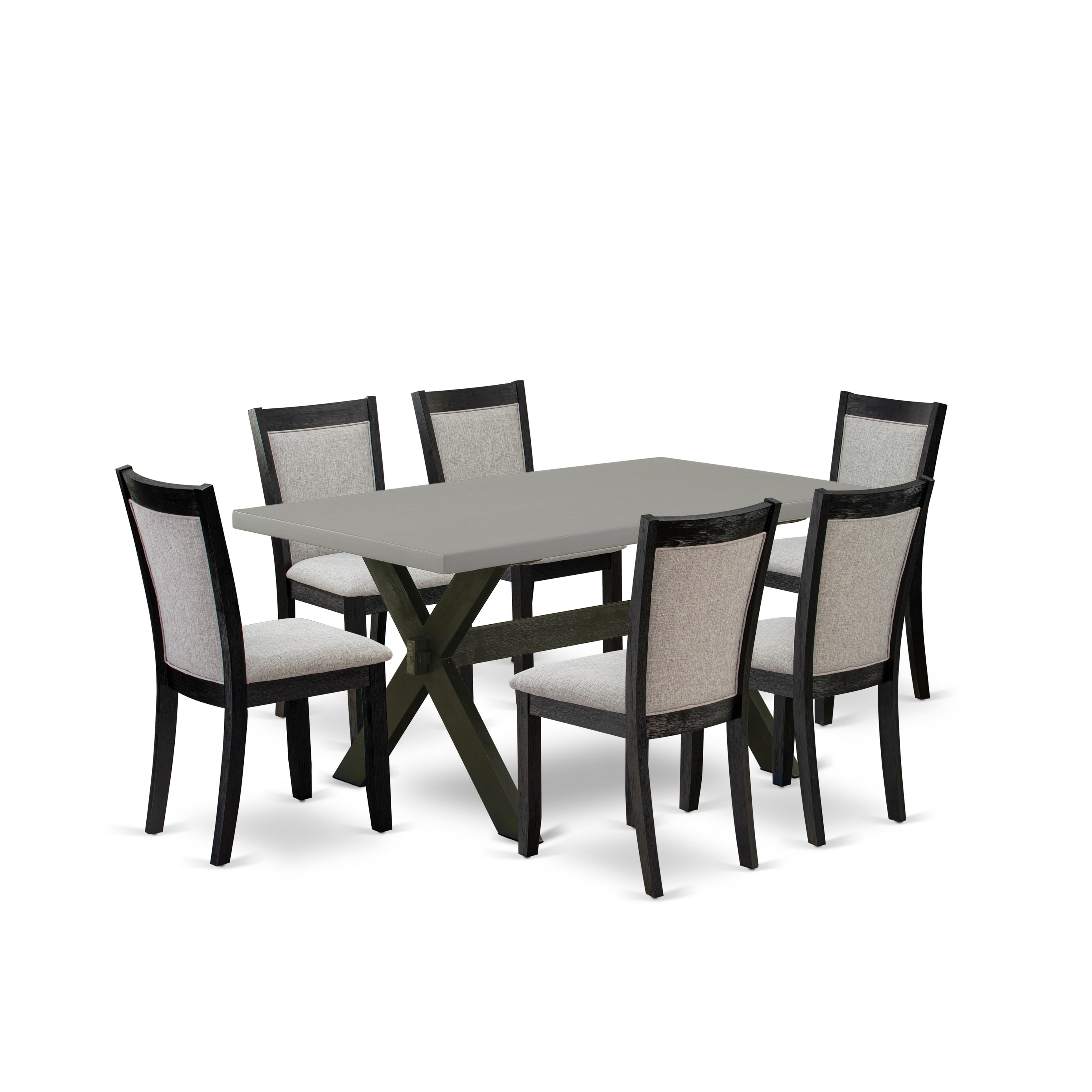 East West Furniture X696MZ606-7 7 Piece Dining Room Set - A Cement Top Wood Dining Table with Trestle Base and 6 Shitake Linen Fabric Wood Dining Chairs - Wire Brushed Black Finish
