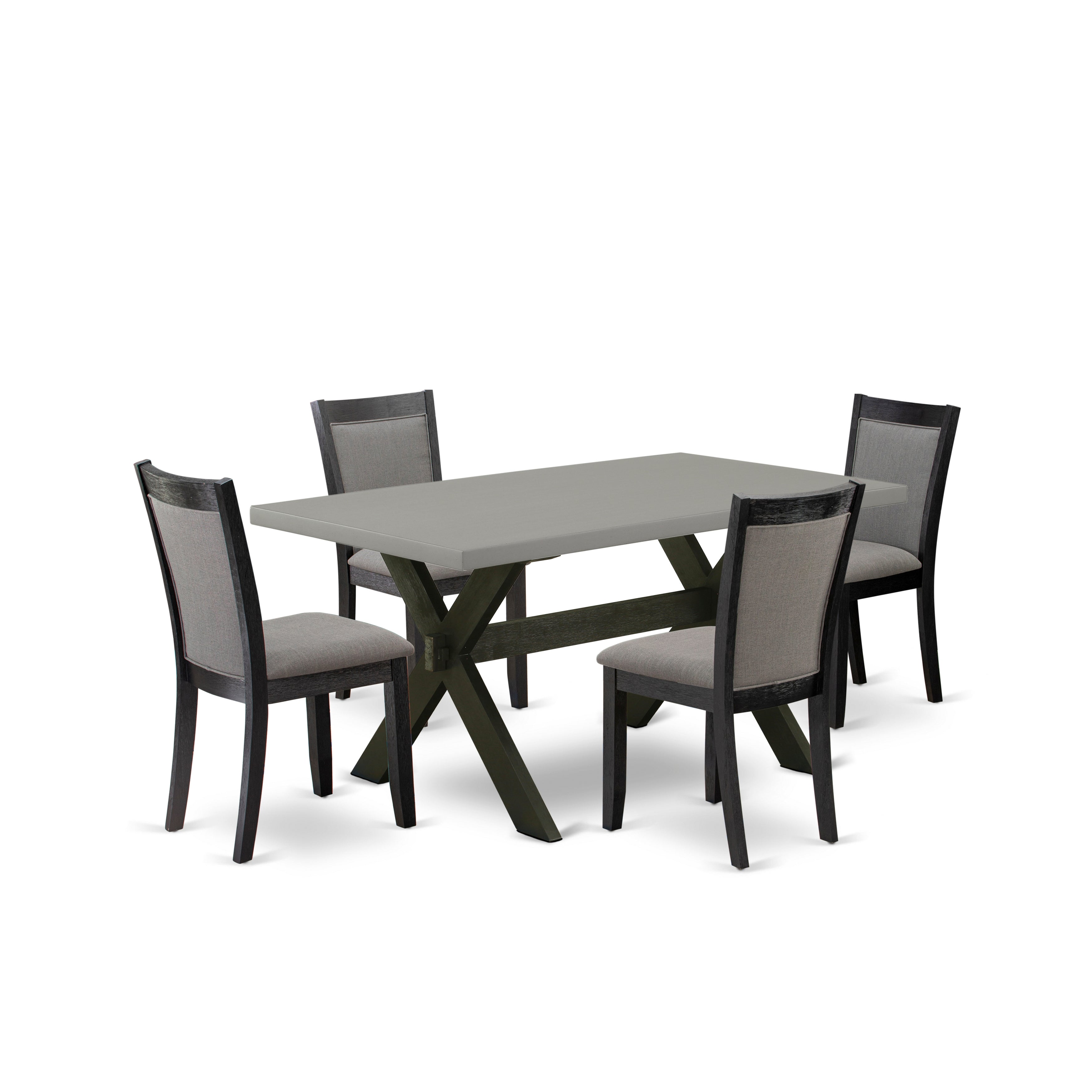 East West Furniture X696MZ650-5 5 Piece Modern Dining Set - A Cement Top Kitchen Table with Trestle Base and 4 Dark Gotham Grey Linen Fabric Dining Chairs - Wire Brushed Black Finish