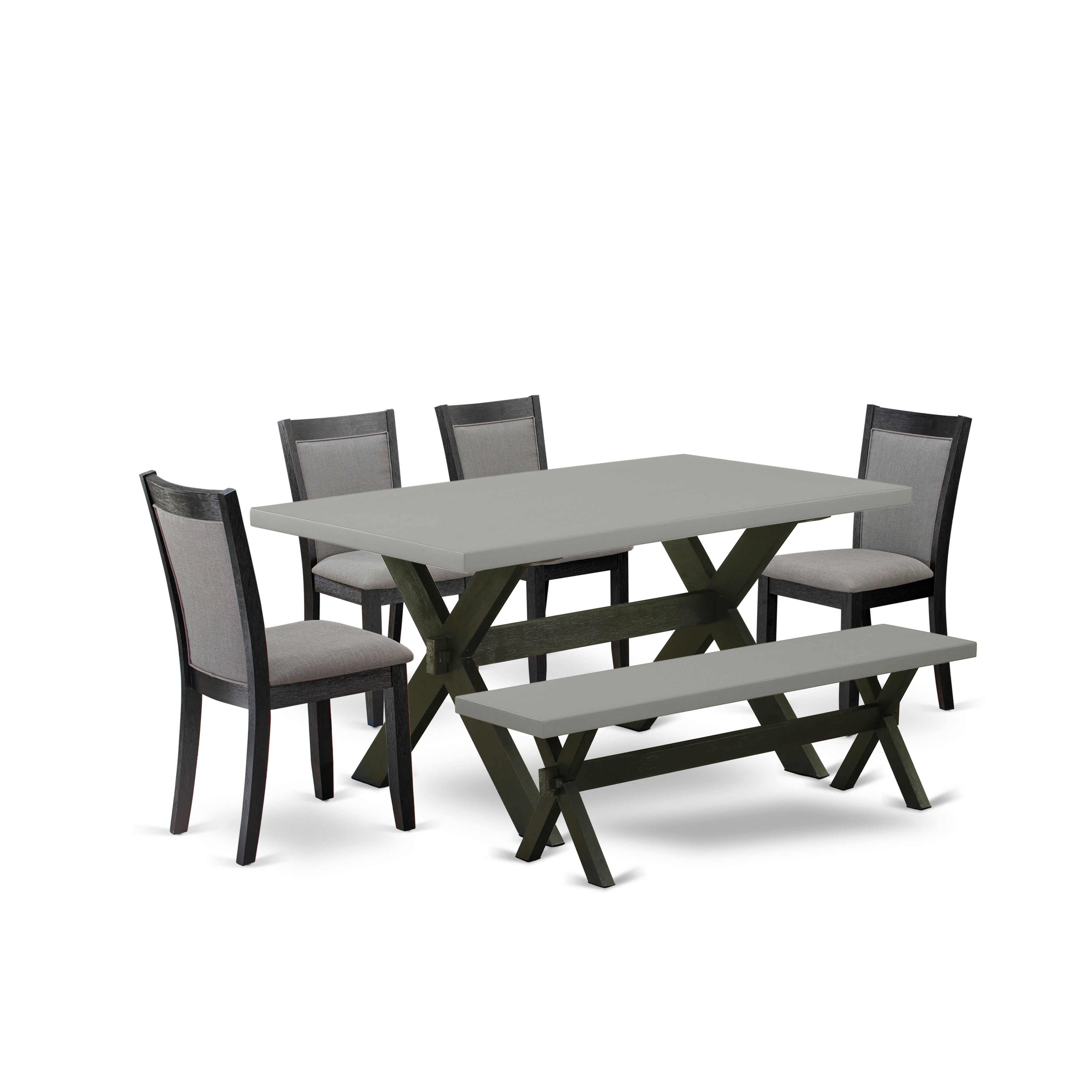 East West Furniture X696MZ650-6 6 Piece Modern Dining Set - A Cement Top Wood Dining Table with a Bench and 4 Dark Gotham Grey Linen Fabric Upholstered Dining Chairs - Wire Brushed Black Finish