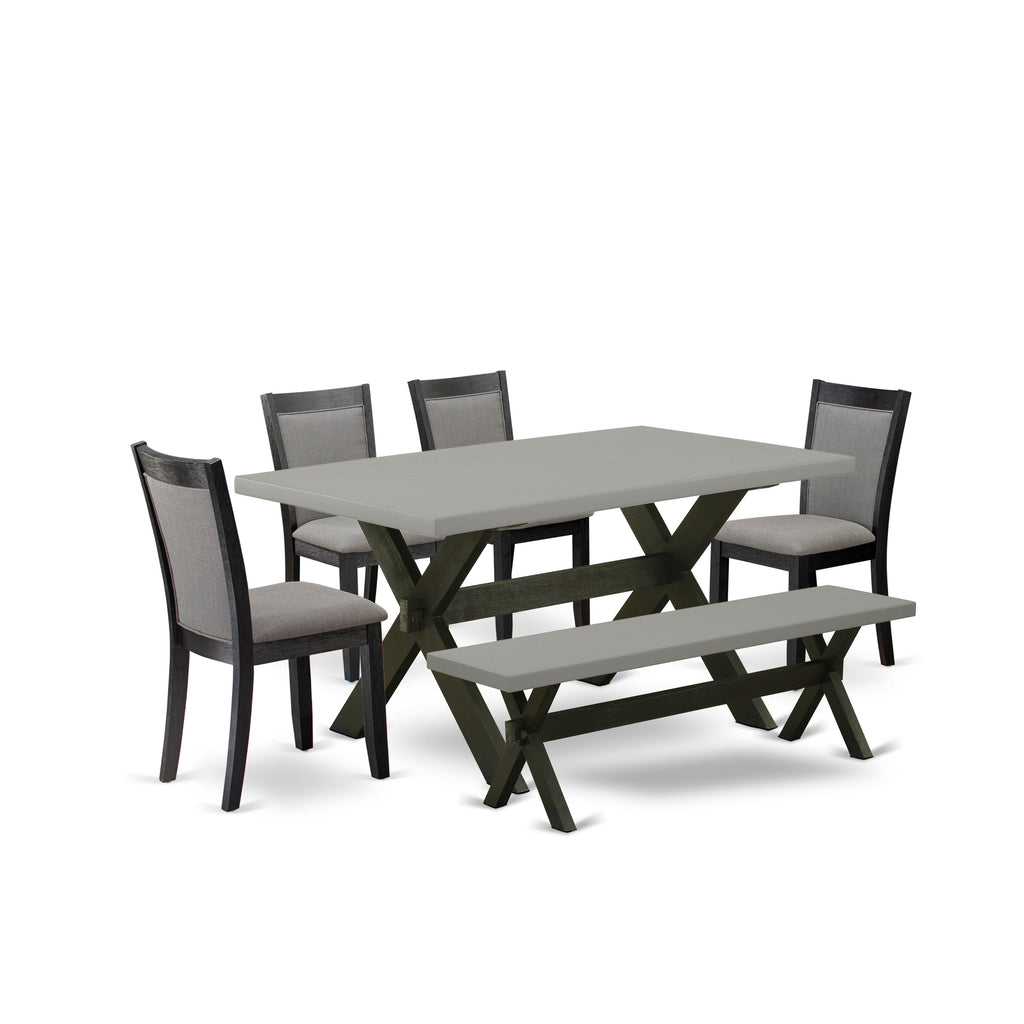 East West Furniture X696MZ650-6 6 Piece Dining Set Contains a Rectangle Dining Room Table with X-Legs and 4 Dark Gotham Grey Linen Fabric Parson Chairs with a Bench, 36x60 Inch, Multi-Color