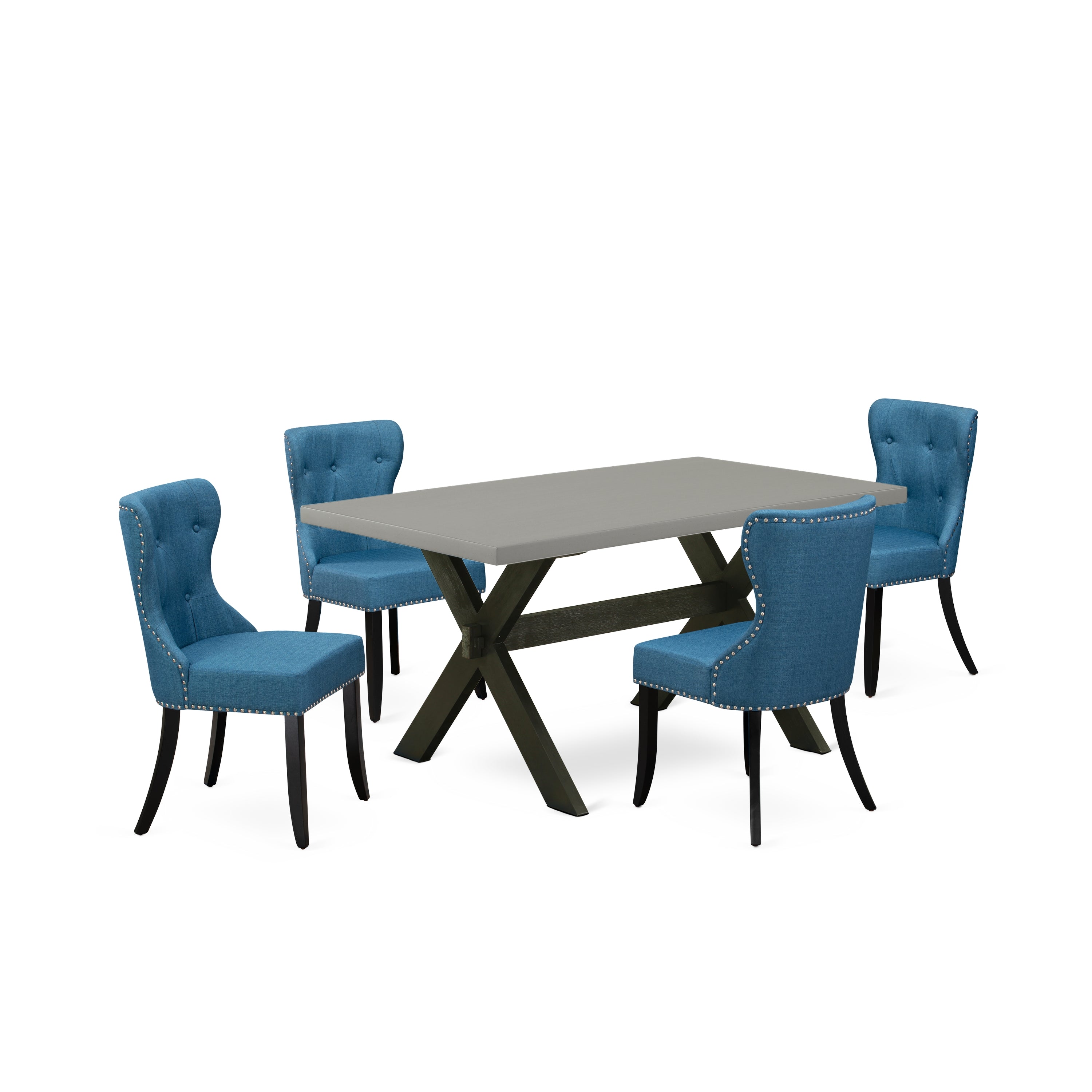 East West Furniture X696SI121-5 5-Pc Dinette Room Set- 4 kitchen chairs with Blue Linen Fabric Seat and Button Tufted Chair Back - Rectangular Table - Cement Finish