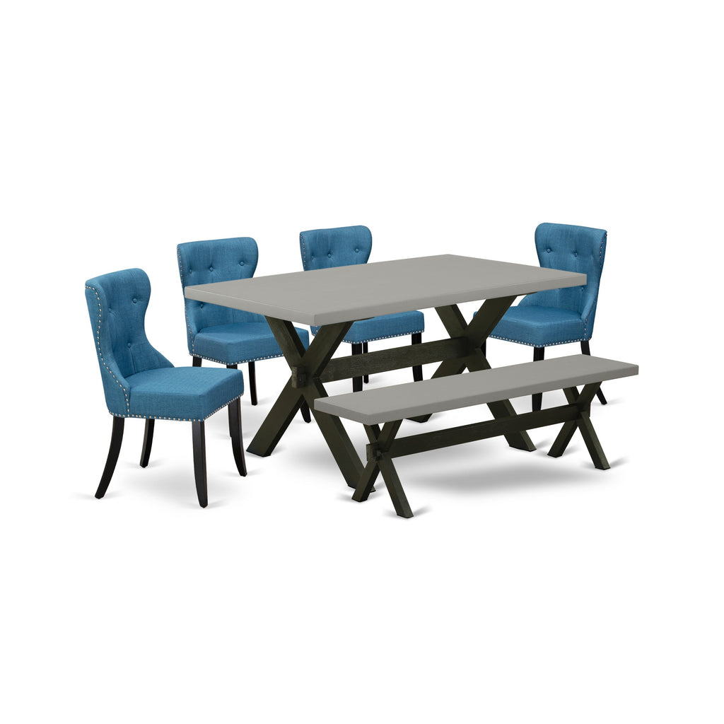 East West Furniture X696SI121-6 6-Piece Dining Table Set- 4 Blue Linen Fabric Parson Chairs with Button Tufted Back - A Modern Dining Table and 1 Wooden Bench - Cement Finish