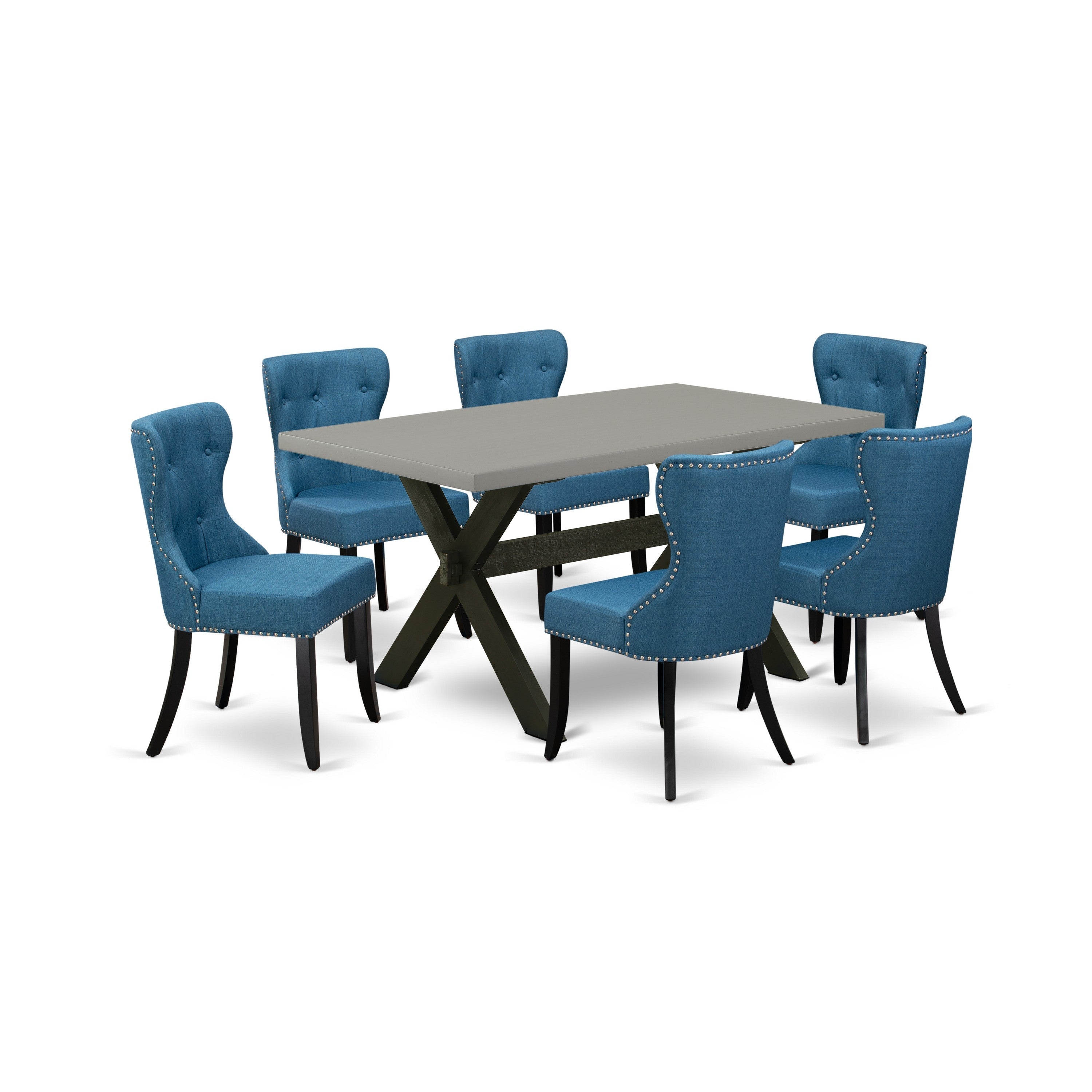 East West Furniture 7-Piece Dining Room Set- 6 Parson Chairs with Blue Linen Fabric Seat and Button Tufted Chair Back - Rectangular Table top & Wooden Cross Legs - Cement and Black Finish