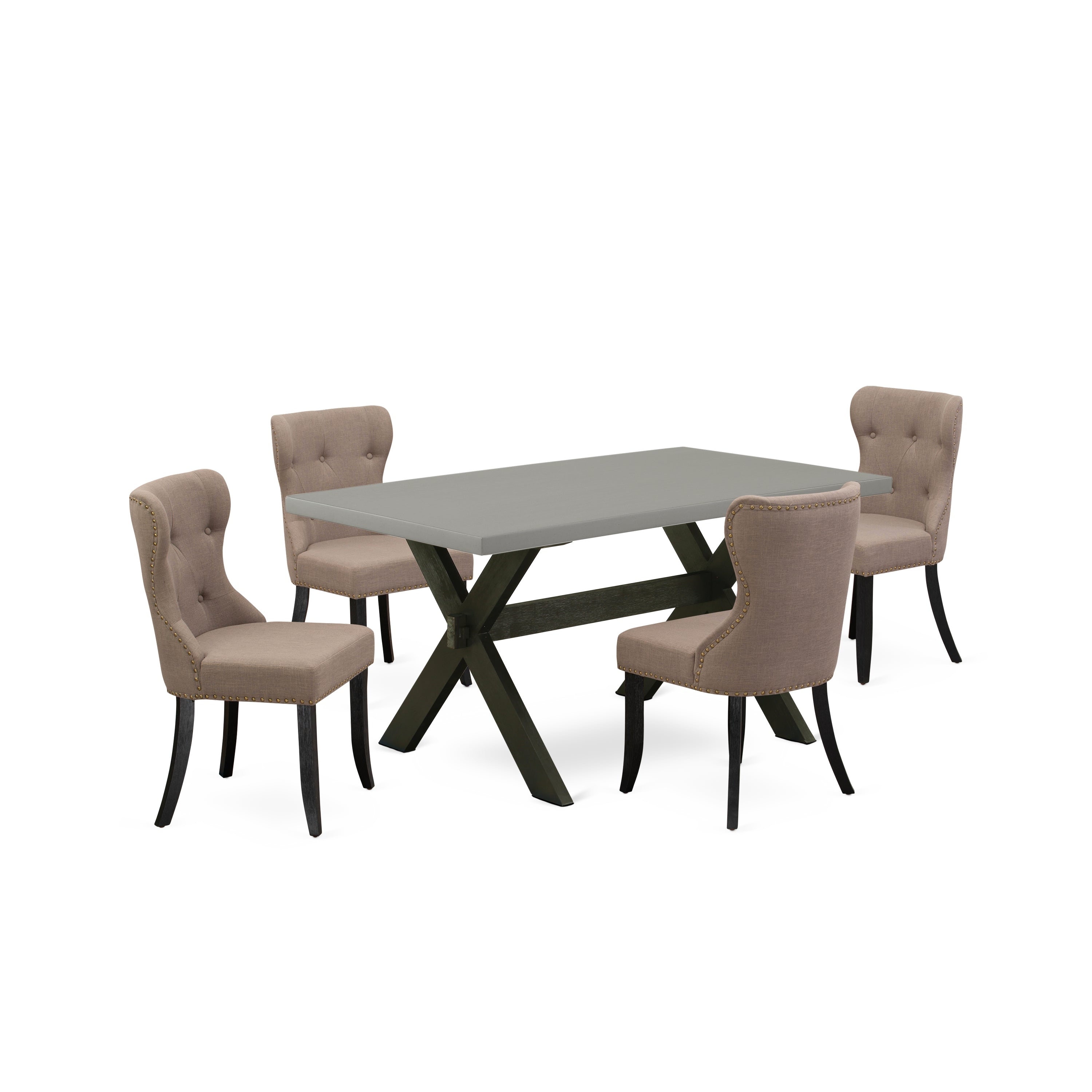 East West Furniture X696SI648-5 5-Piece Kitchen Dining Room Set- 4 Parson Chairs with Coffee Color Linen Fabric Seat and Button Tufted Chair Back - Dining Table - Cement Finish