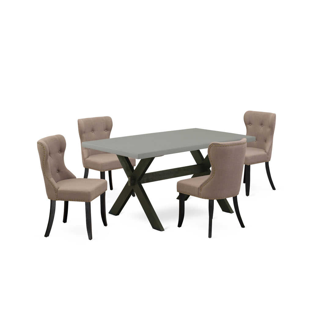 East West Furniture X696SI648-5 5 Piece Dining Table Set for 4 Includes a Rectangle Kitchen Table with X-Legs and 4 Coffee Linen Fabric Parsons Dining Chairs