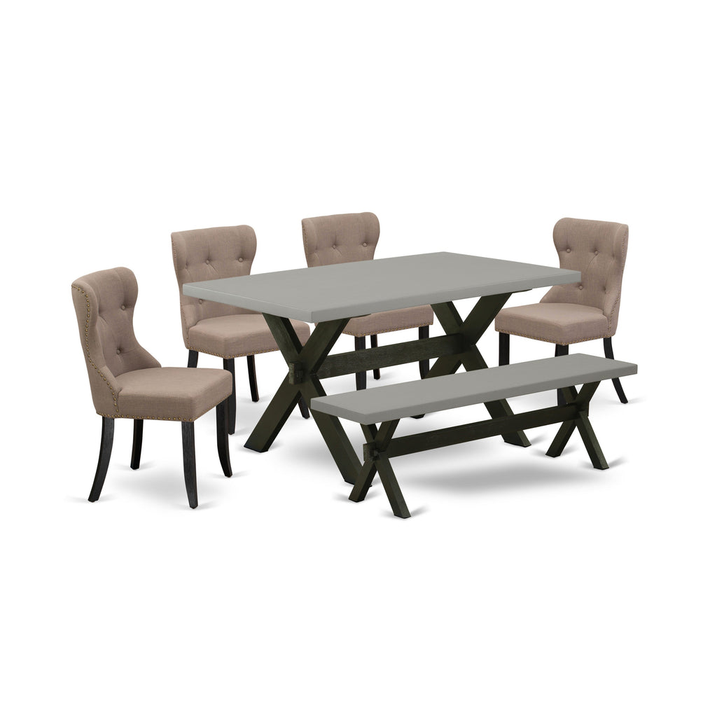 Juego de mesa de comedor de 6 piezas East West Furniture X696SI648-6. Contiene una mesa rectangular de madera con patas en forma de X y 4 sillas tapizadas en tela de lino color café con un banco.