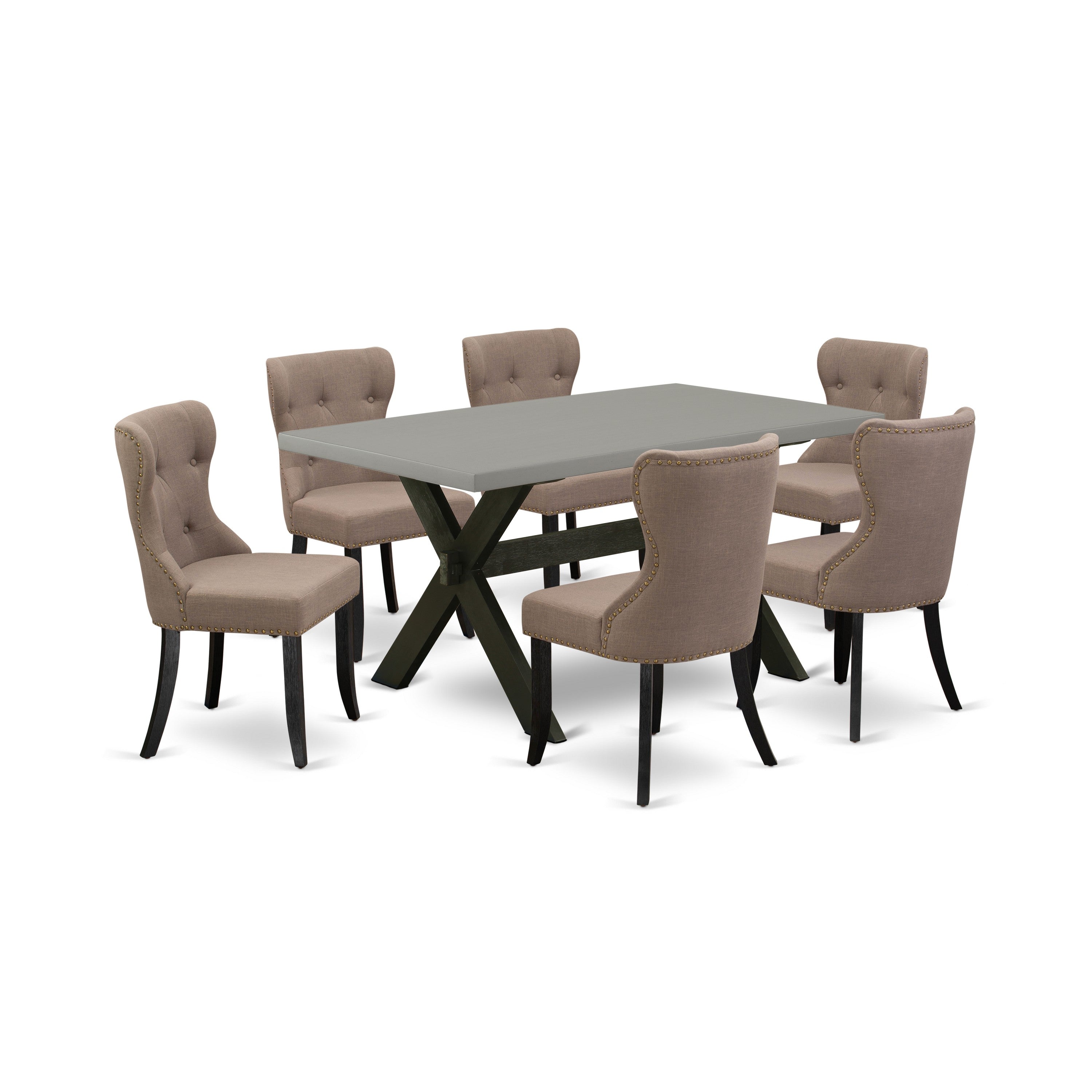 East West Furniture X696SI648-7 7-Piece Kitchen Dining Set- 6 Upholstered Dining Chairs with Coffee Linen Fabric Seat and Button Tufted Chair Back - Rectangular Table top & Wooden Cross Legs - Cement and Wire Brushed Black Finish