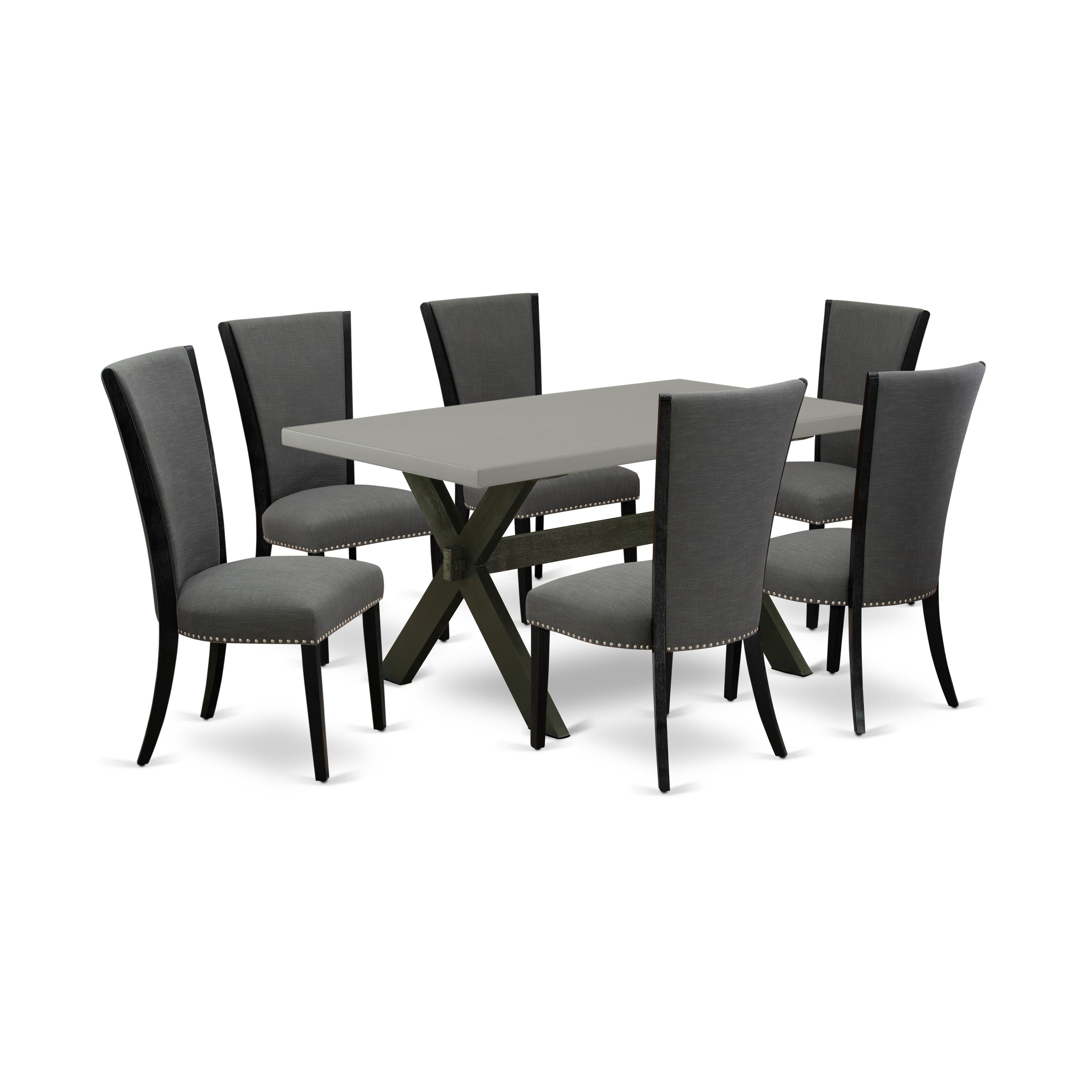 East West Furniture X696VE650-7 7 Piece Modern Dining Table Set Consists of a Cement Wooden Dining Table and 6 Dark Gotham Grey Linen Fabric Kitchen Chairs with High Back - Wire Brushed Black Finish