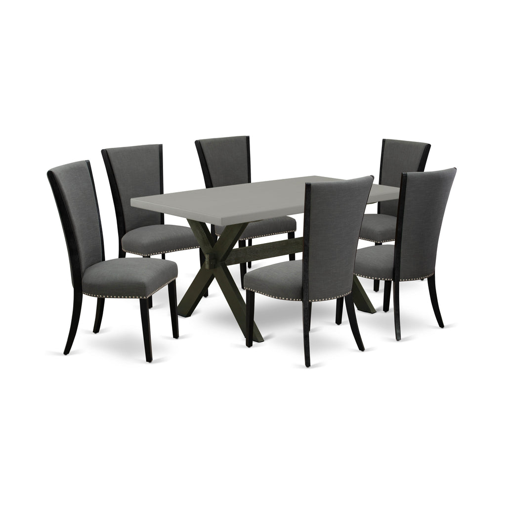 X696VE650-7 7Pc Dining Room Set - 36x60" Rectangular Table and 6 Parson Chairs - Wirebrushed Black & Cement Color