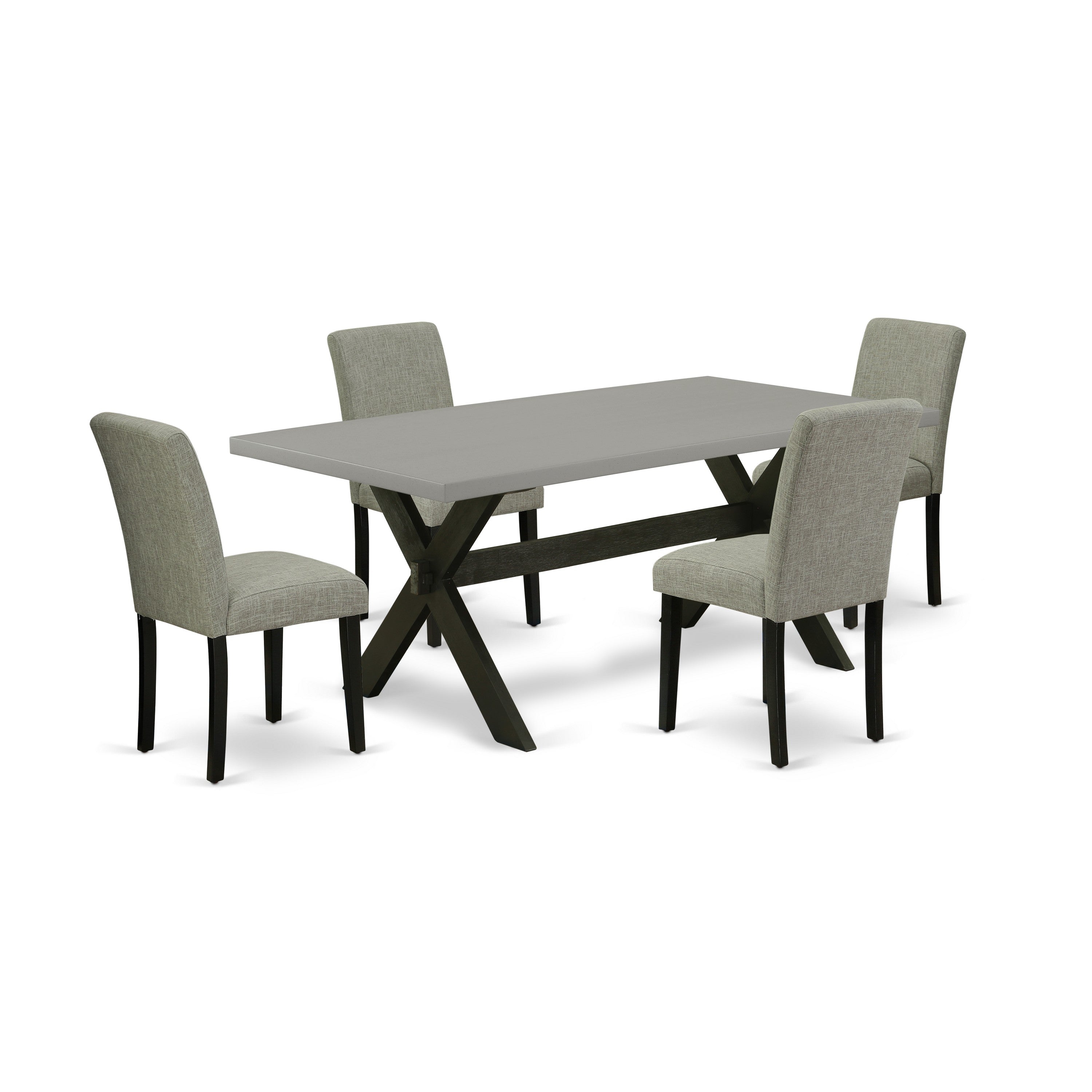 Juego de mesa y sillas de cocina de 5 piezas East West Furniture X697AB106-5. Incluye una mesa de comedor rectangular con patas en forma de X y 4 sillas de comedor Parson de tela de lino Shitake.