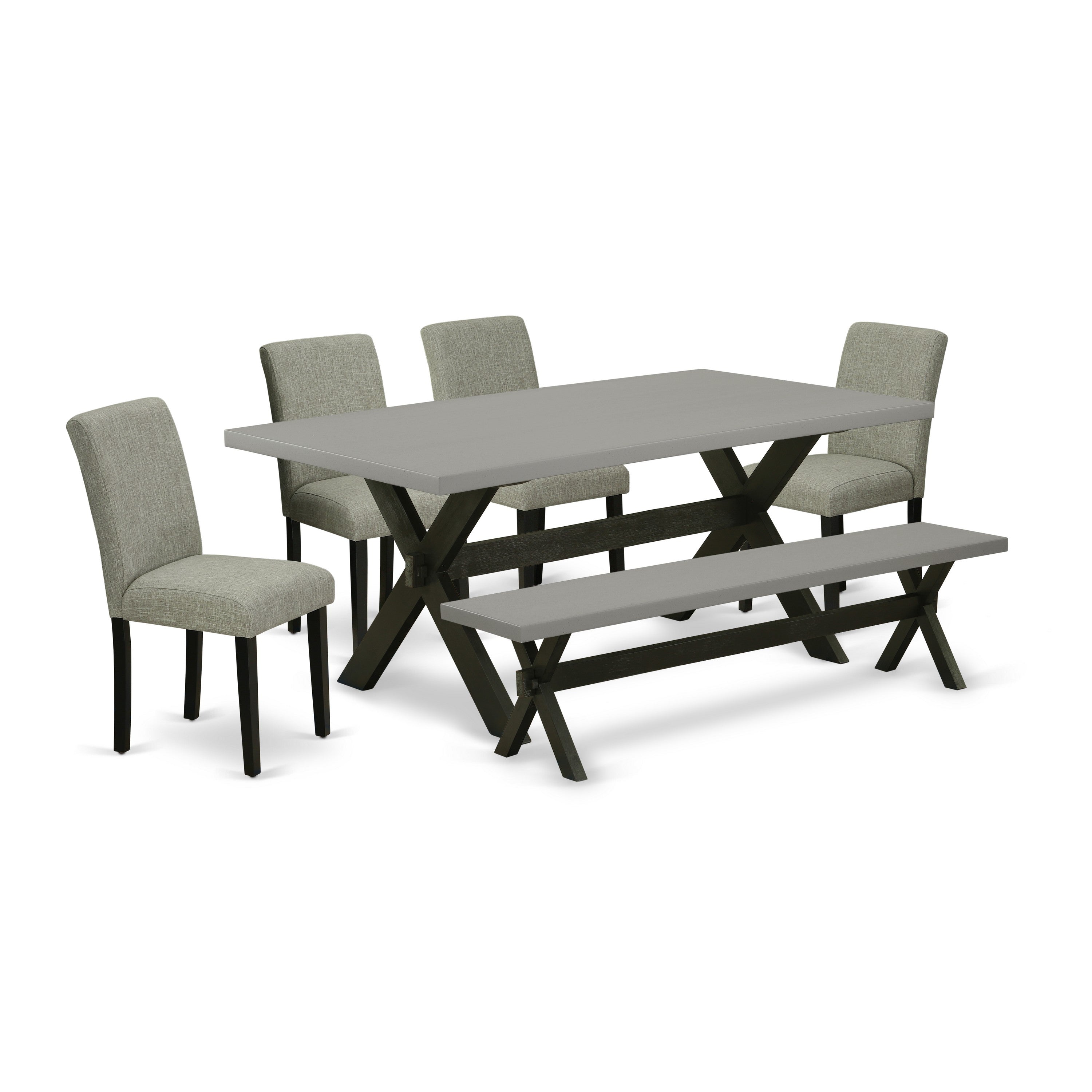 Juego de comedor de 6 piezas East West Furniture X697AB106-6. Contiene una mesa de comedor rectangular con patas en forma de X y 4 sillas Parson de tela de lino Shitake con un banco.