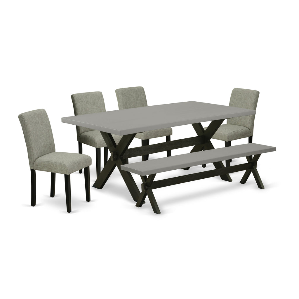 Juego de comedor de 6 piezas East West Furniture X697AB106-6. Contiene una mesa de comedor rectangular con patas en forma de X y 4 sillas Parson de tela de lino Shitake con un banco.