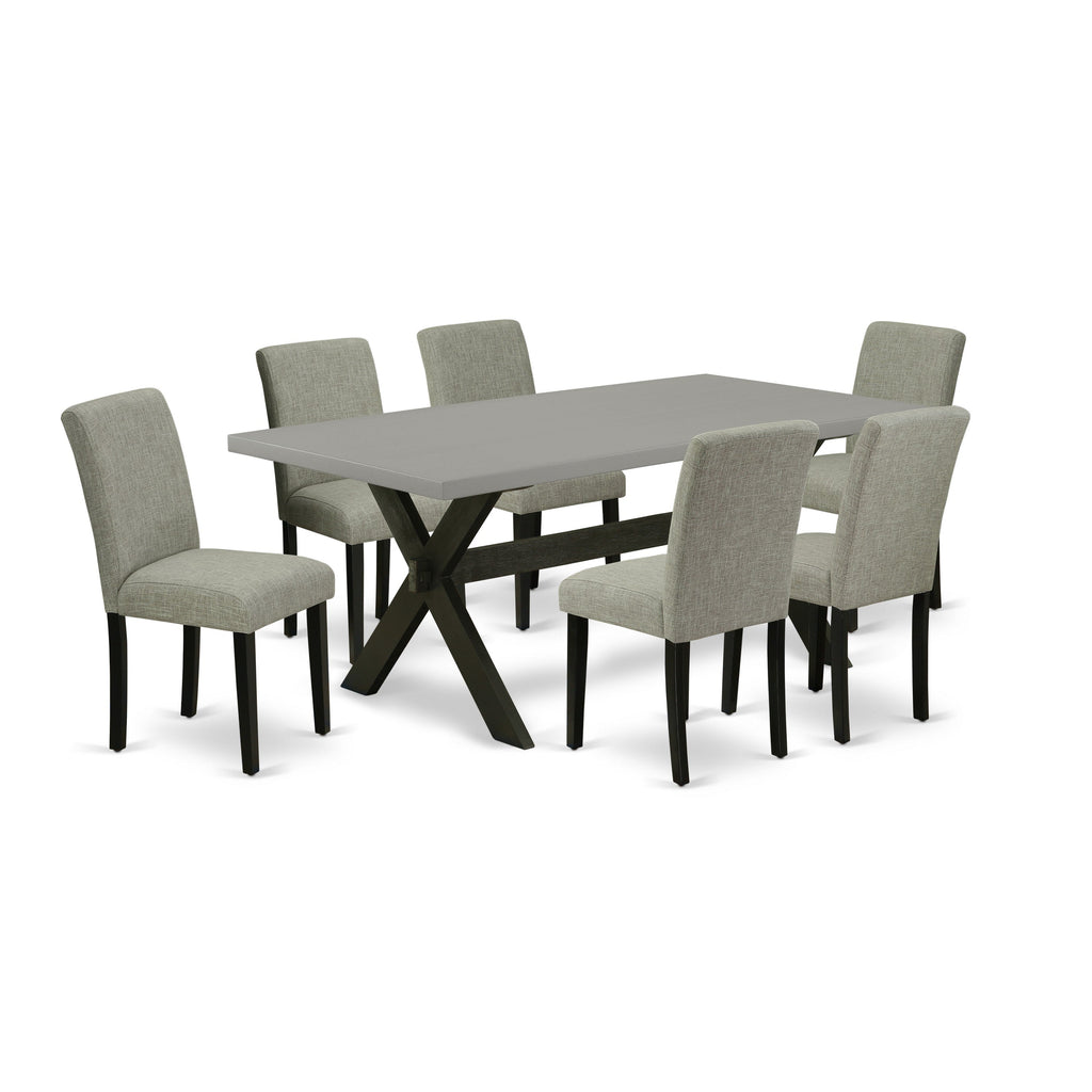 Juego de mesa de cocina de 7 piezas East West Furniture X697AB106-7 compuesto por una mesa de comedor rectangular con patas en forma de X y 6 sillas de comedor Parson de tela de lino Shitake.