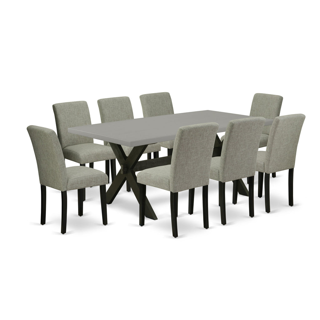 Juego de mesa de comedor moderna de 9 piezas East West Furniture X697AB106-9. Incluye una mesa rectangular de madera con patas en forma de X y 8 sillas de comedor Parson de tela de lino Shitake.