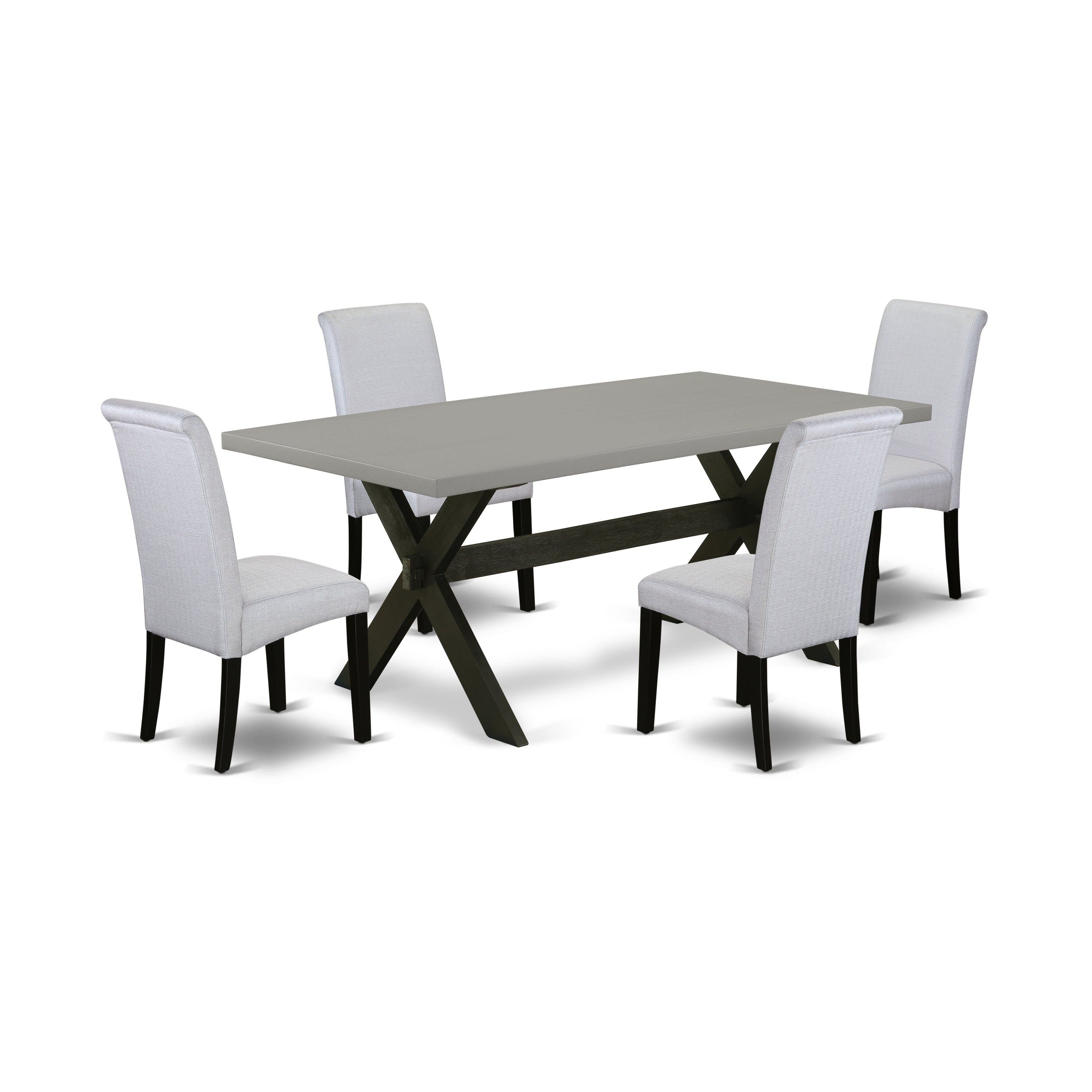 Juego de comedor de 5 piezas East West Furniture X697BA105-5 para 4 personas. Incluye una mesa de comedor rectangular con patas en forma de X y 4 sillas de comedor Parsons de tela de lino gris.