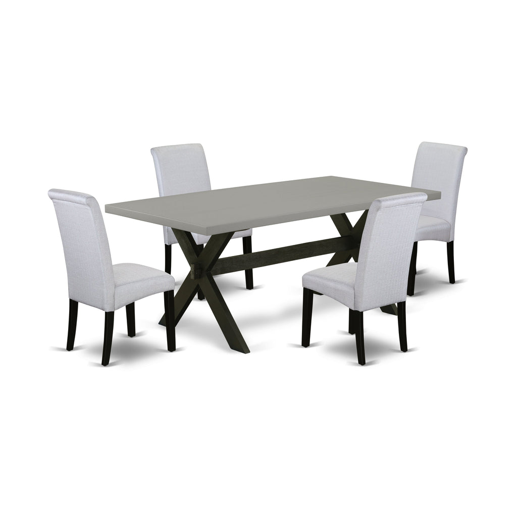Juego de comedor de 5 piezas East West Furniture X697BA105-5 para 4 personas. Incluye una mesa de comedor rectangular con patas en forma de X y 4 sillas de comedor Parsons de tela de lino gris.